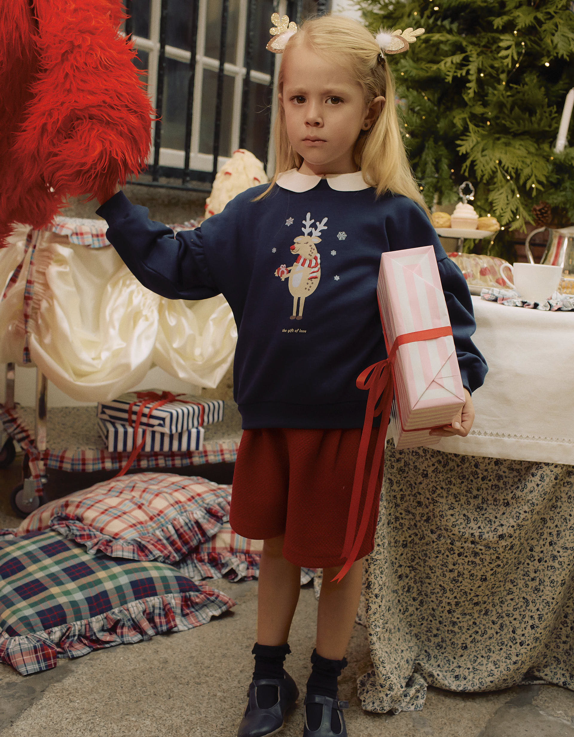 Sweat de Natal Cardada com Purpurinas para Menina 'Rena', Azul Escuro