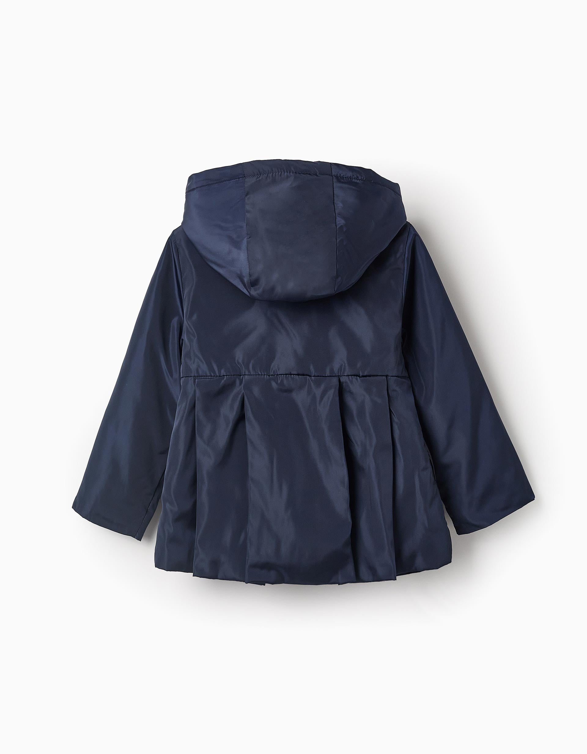 Parka Plissée avec Capuche Amovible pour Fille, Bleu Foncé