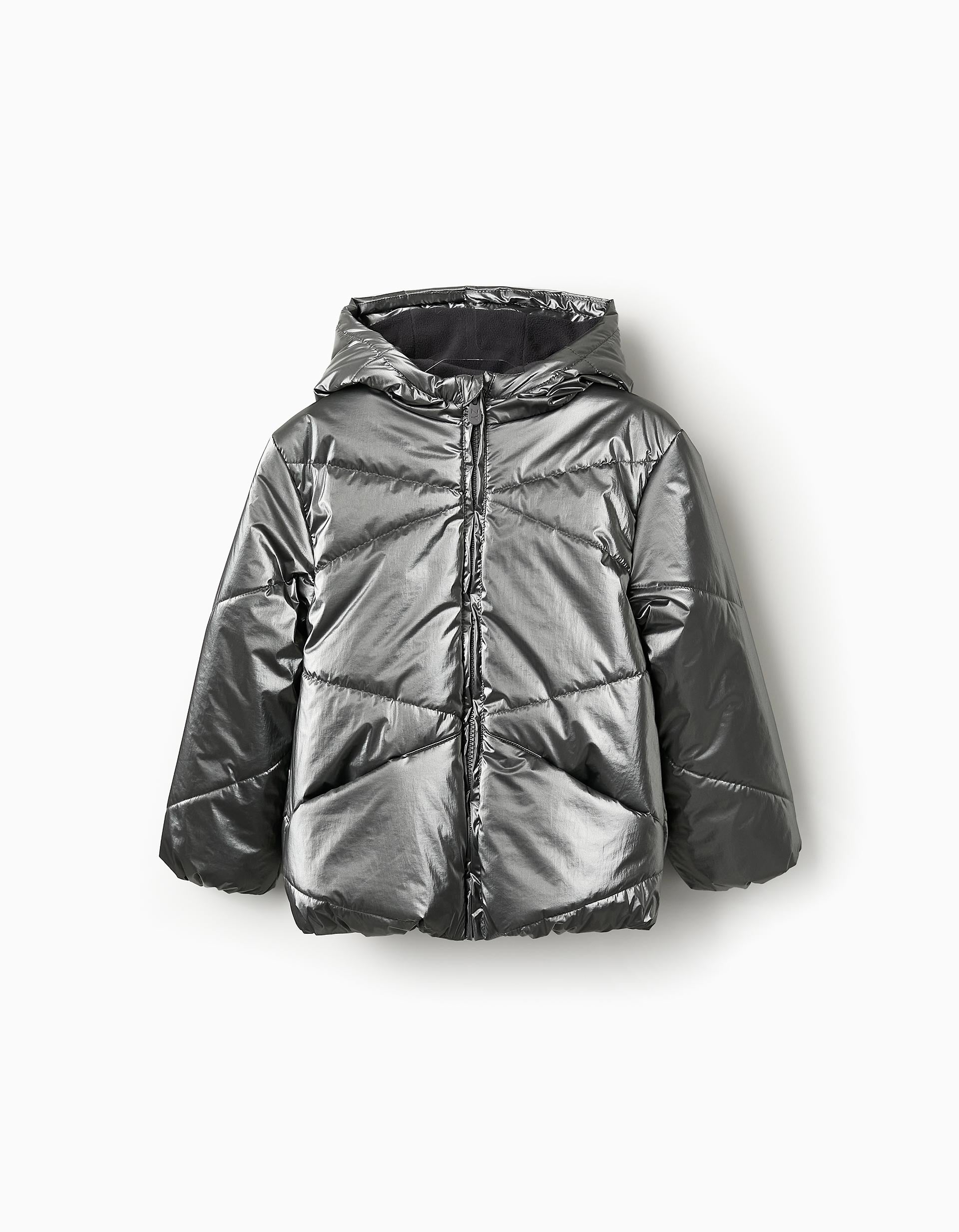 Chaqueta Acolchada con Forro Polar para Niña, Gris Metalizado