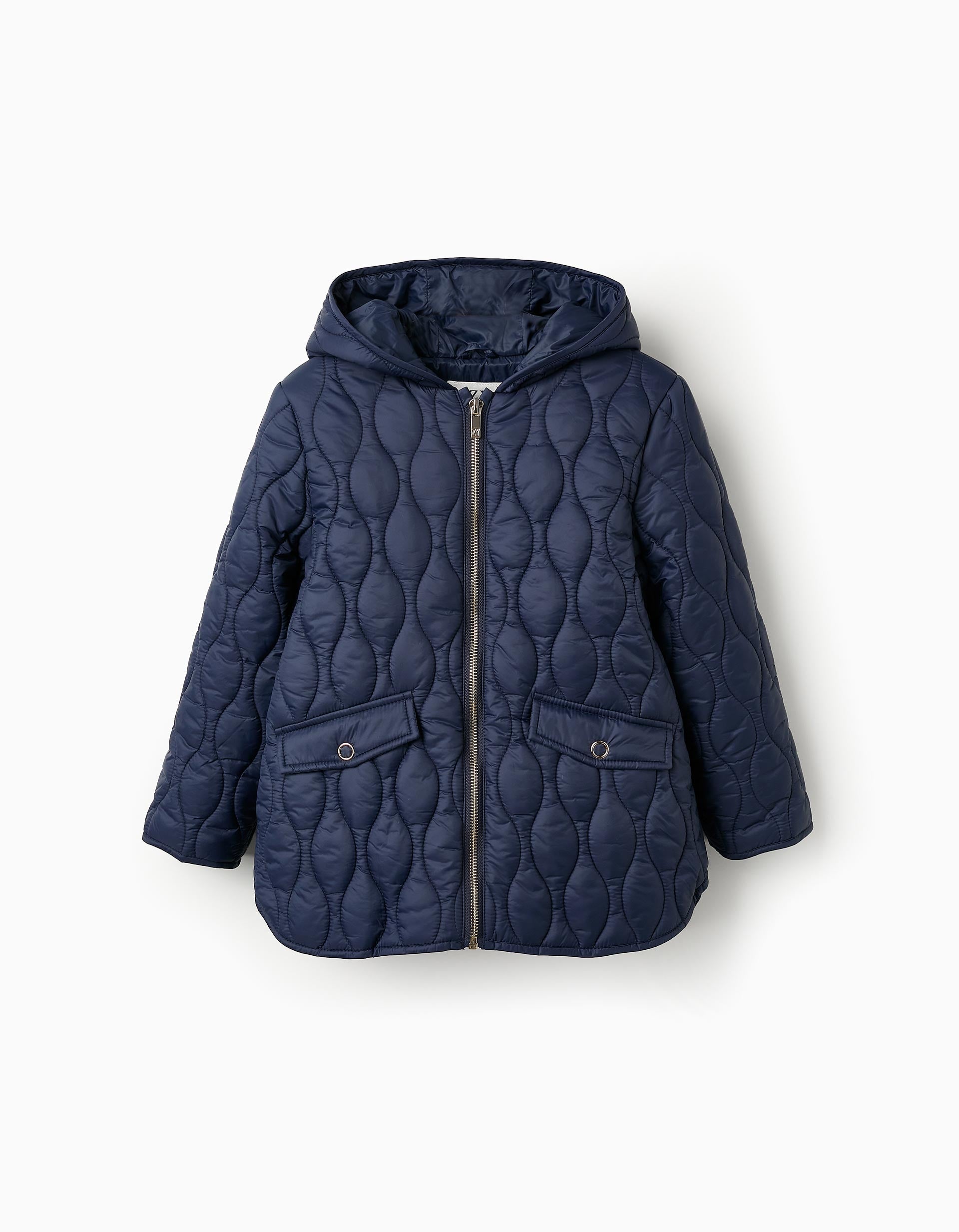 Parka Acolchada con Capucha para Niña, Azul Oscuro/Dorado