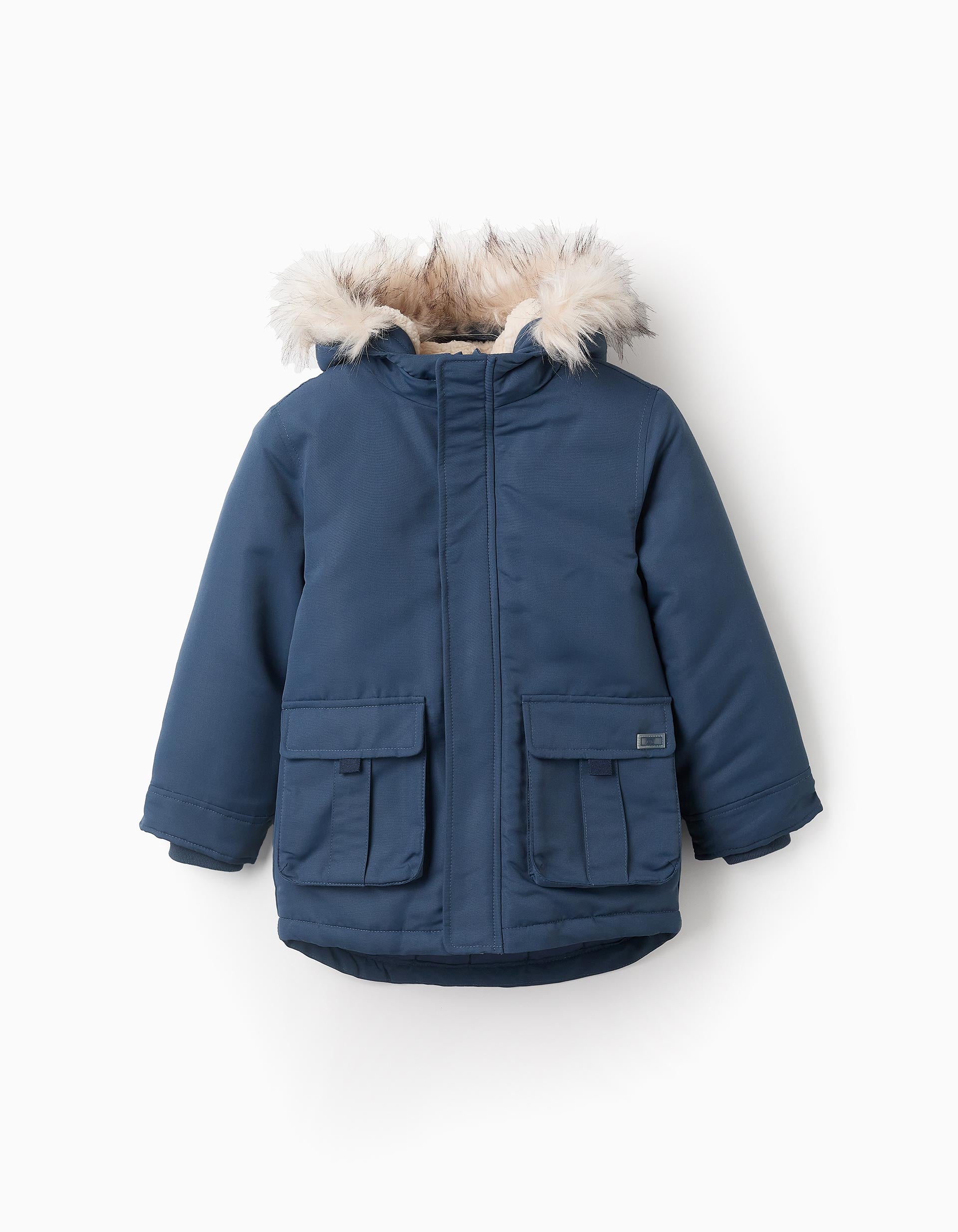 Parka Acolchada con Capucha y Pelo para Niño, Turquesa