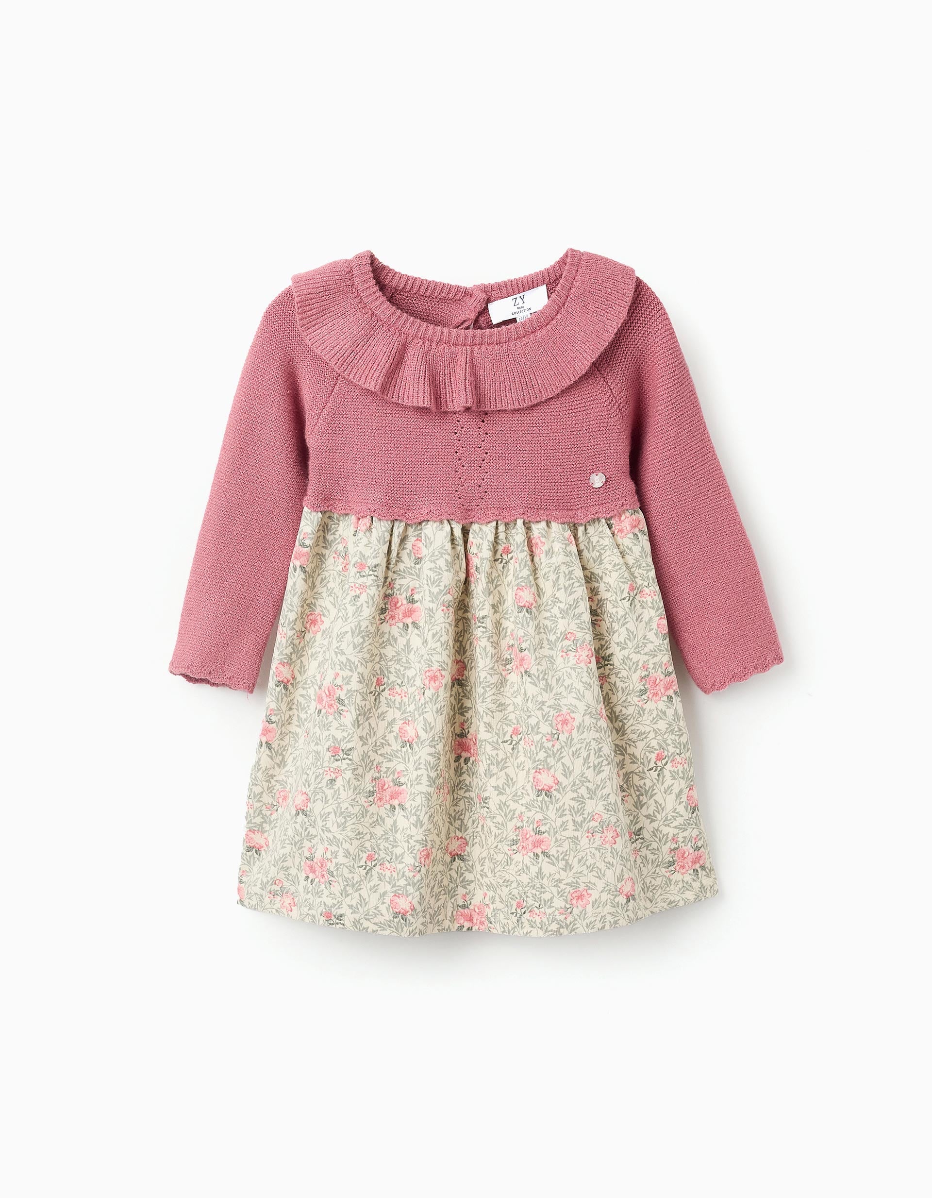 Floral Dual-Fabric Dress for Baby Girls, Pink/Beige