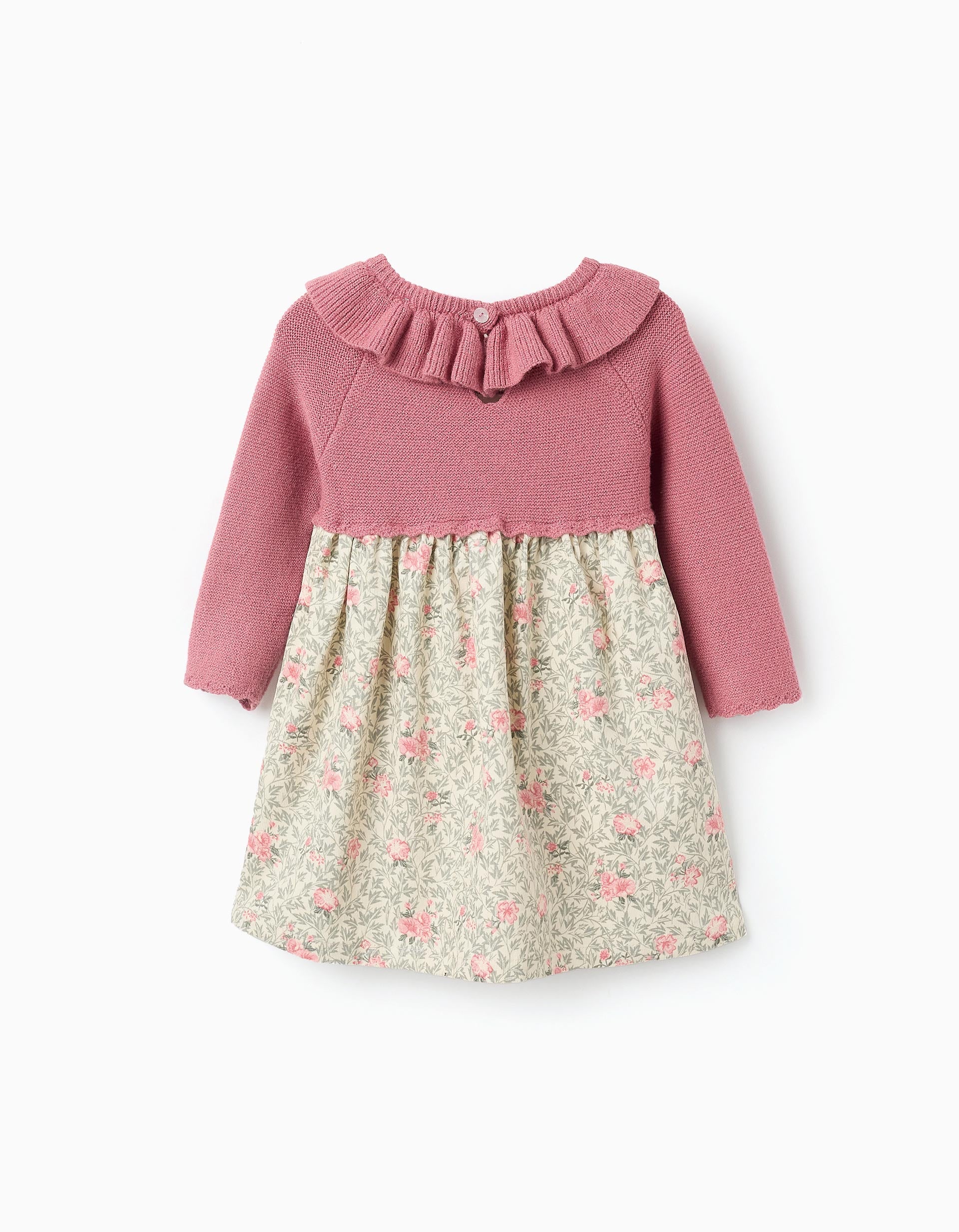 Floral Dual-Fabric Dress for Baby Girls, Pink/Beige