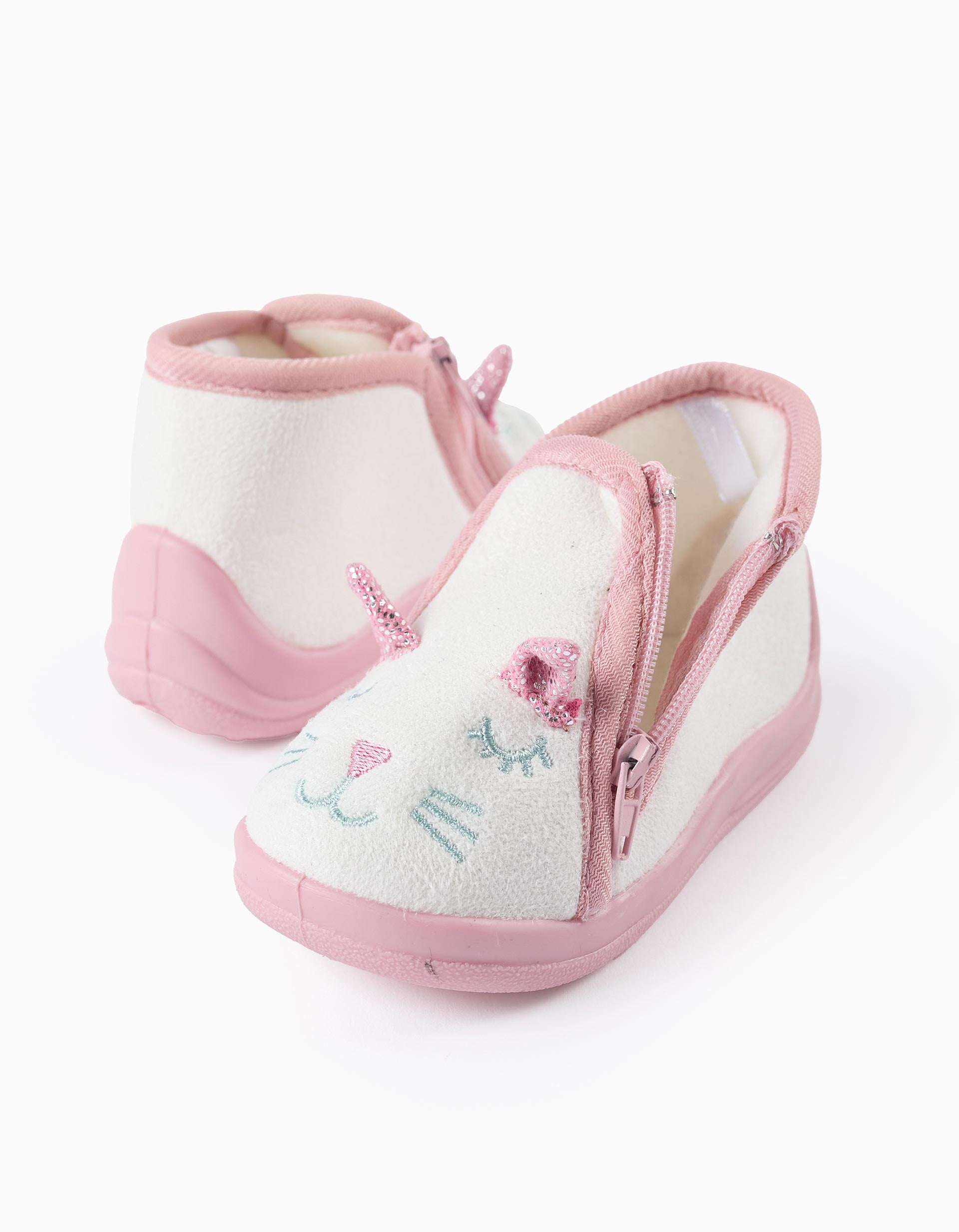 Zapatillas de Casa en Peluche para Bebé Niña 'Gata', Blanco/Rosa