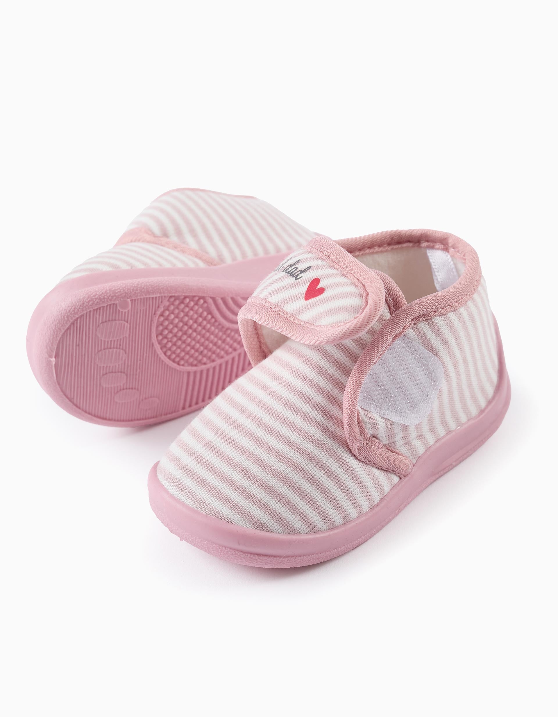 Pantufas às Riscas para Bebé Menina 'Mum & Dad', Rosa/Branco