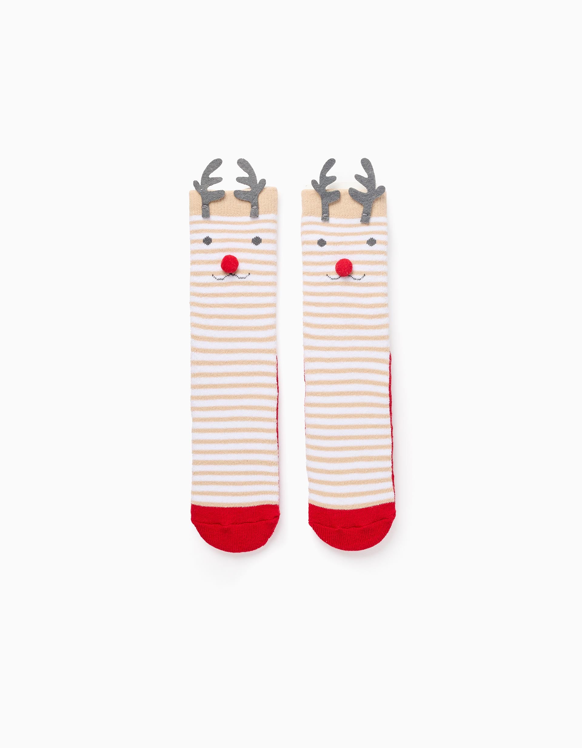 Chaussettes Antidérapantes avec Pompon pour Enfant 'Renne', Blanc/Rouge