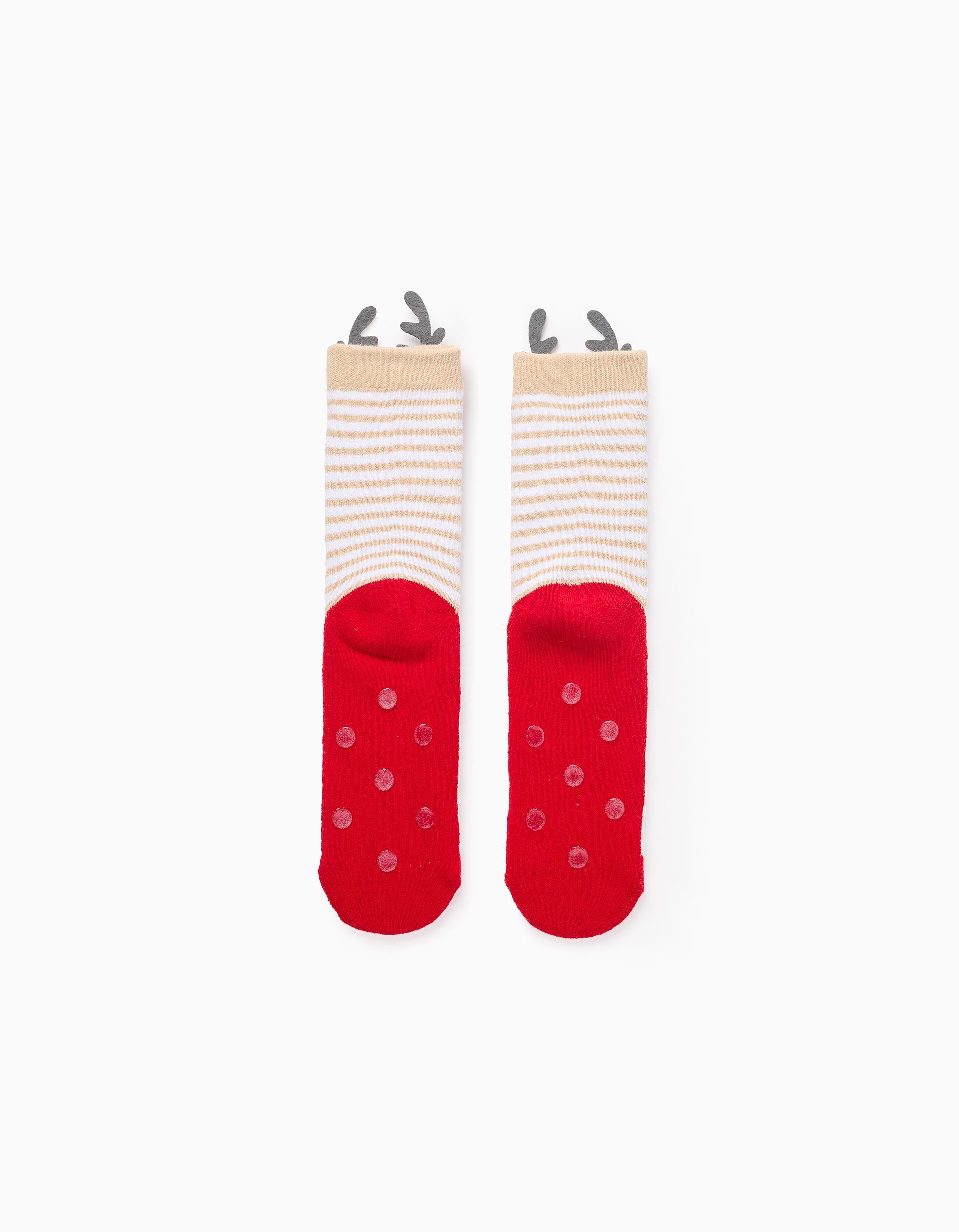 Non-slip Socks with Pompom for Children 'Reindeer', White/Red