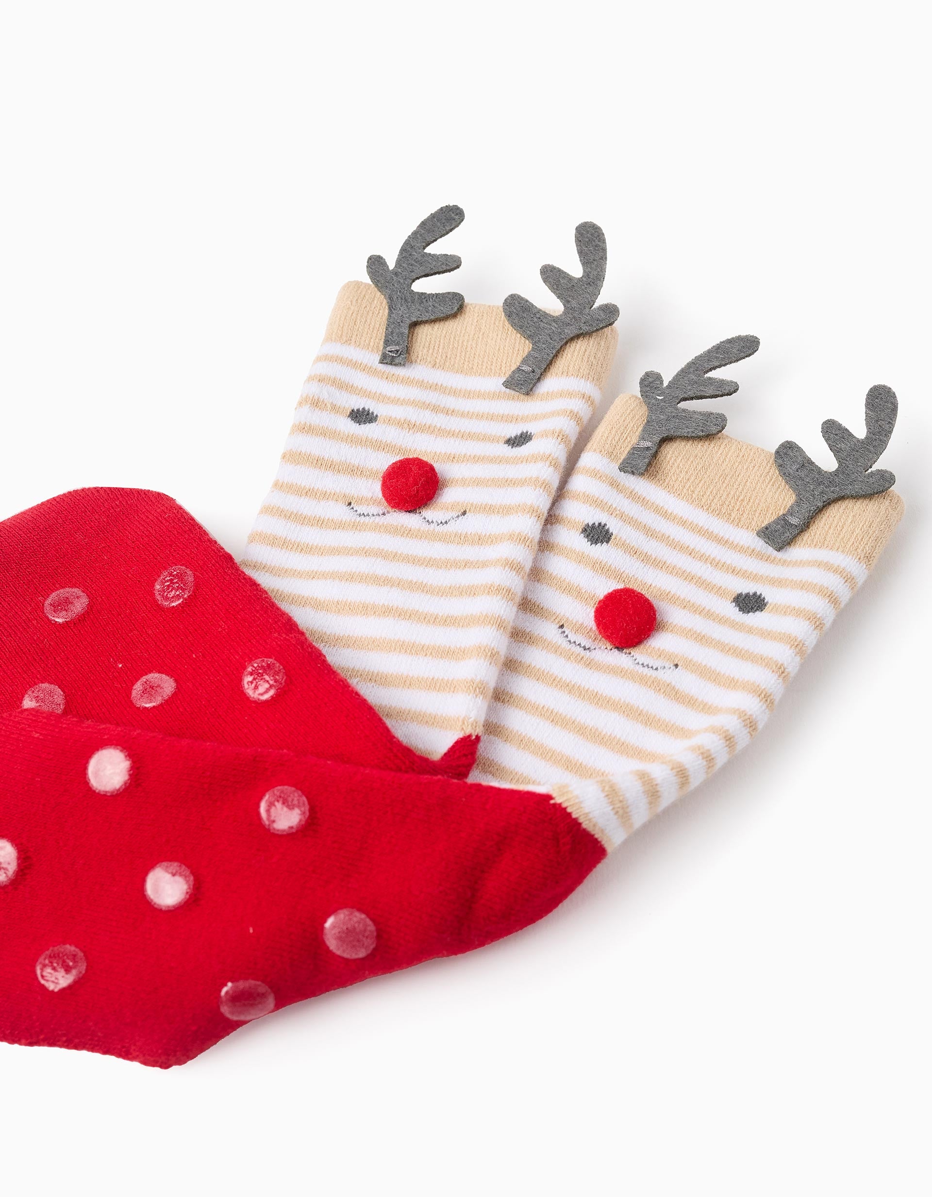 Non-slip Socks with Pompom for Children 'Reindeer', White/Red