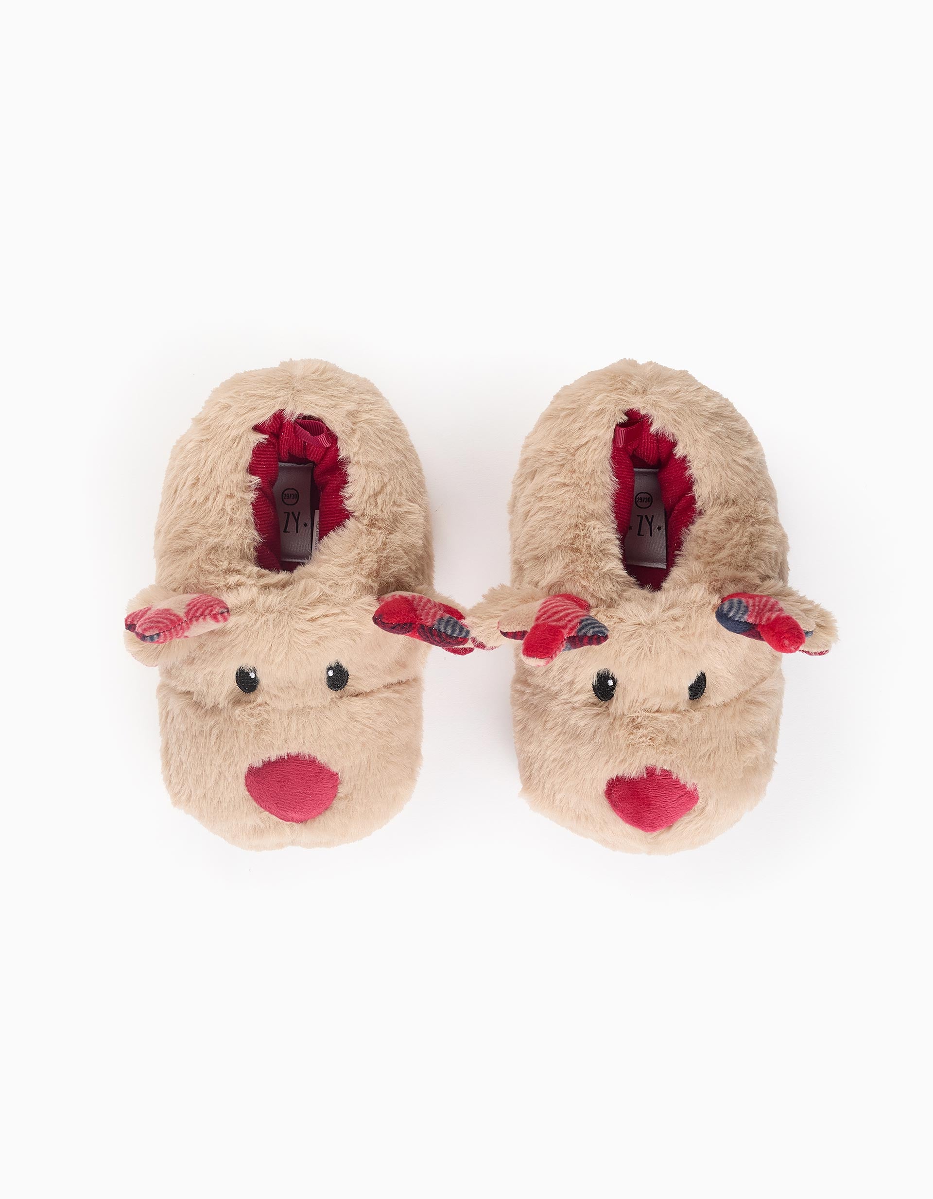 Chaussons En Peluche Pour Enfant 'Renne', Beige/Rouge