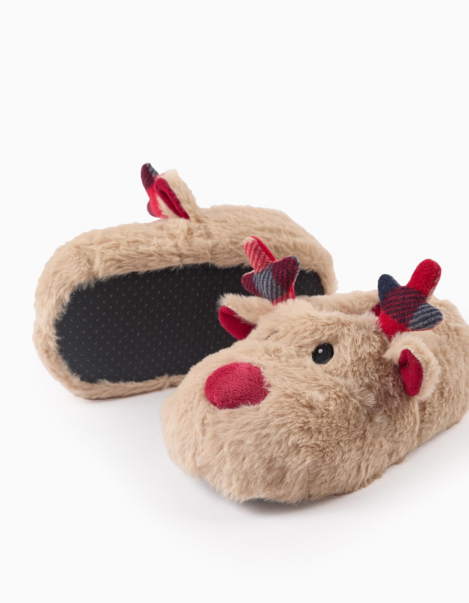 Chaussons En Peluche Pour Enfant 'Renne', Beige/Rouge