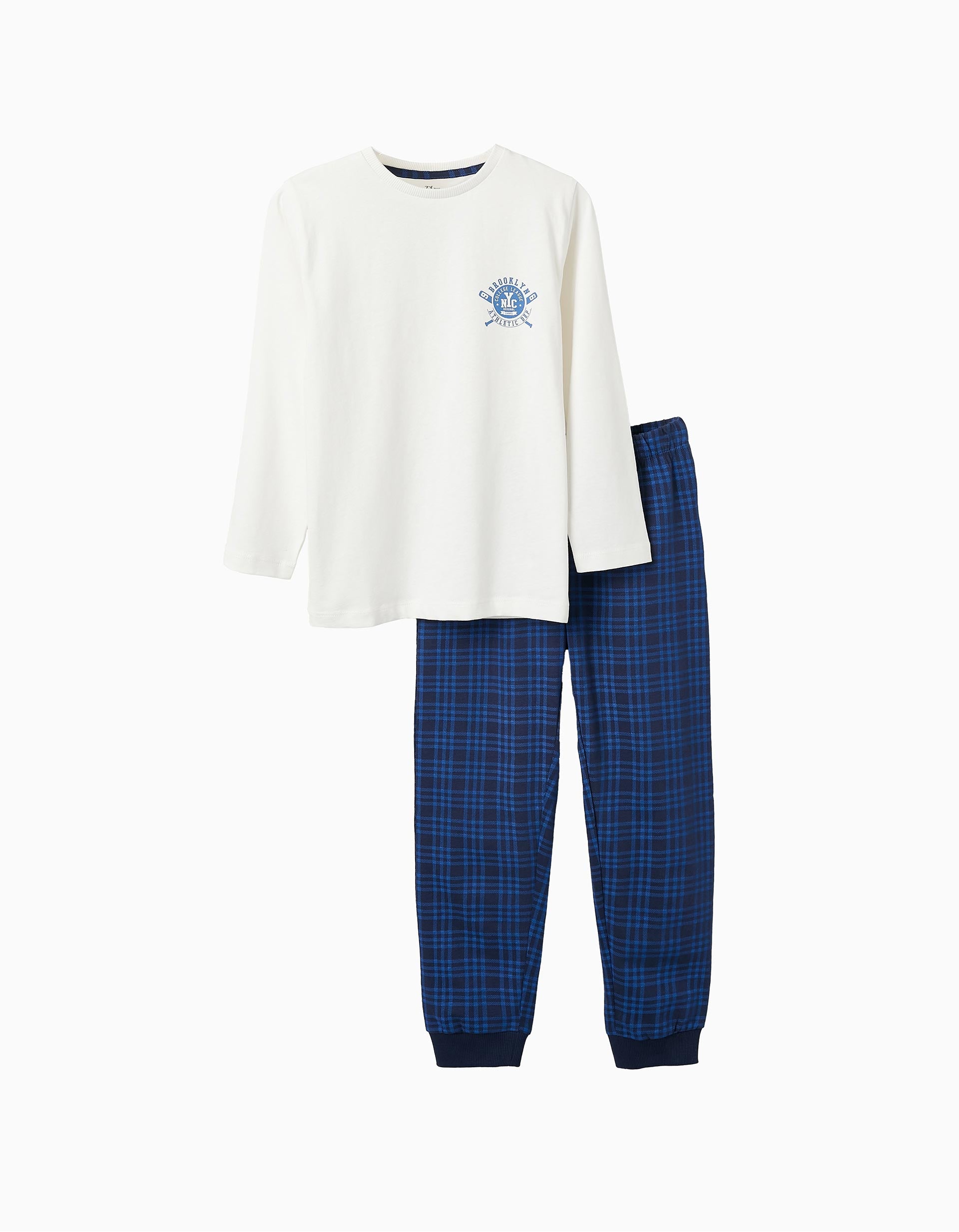 Pijama de Algodão com Motivo de Xadrez para Menino 'NYC', Branco/Azul