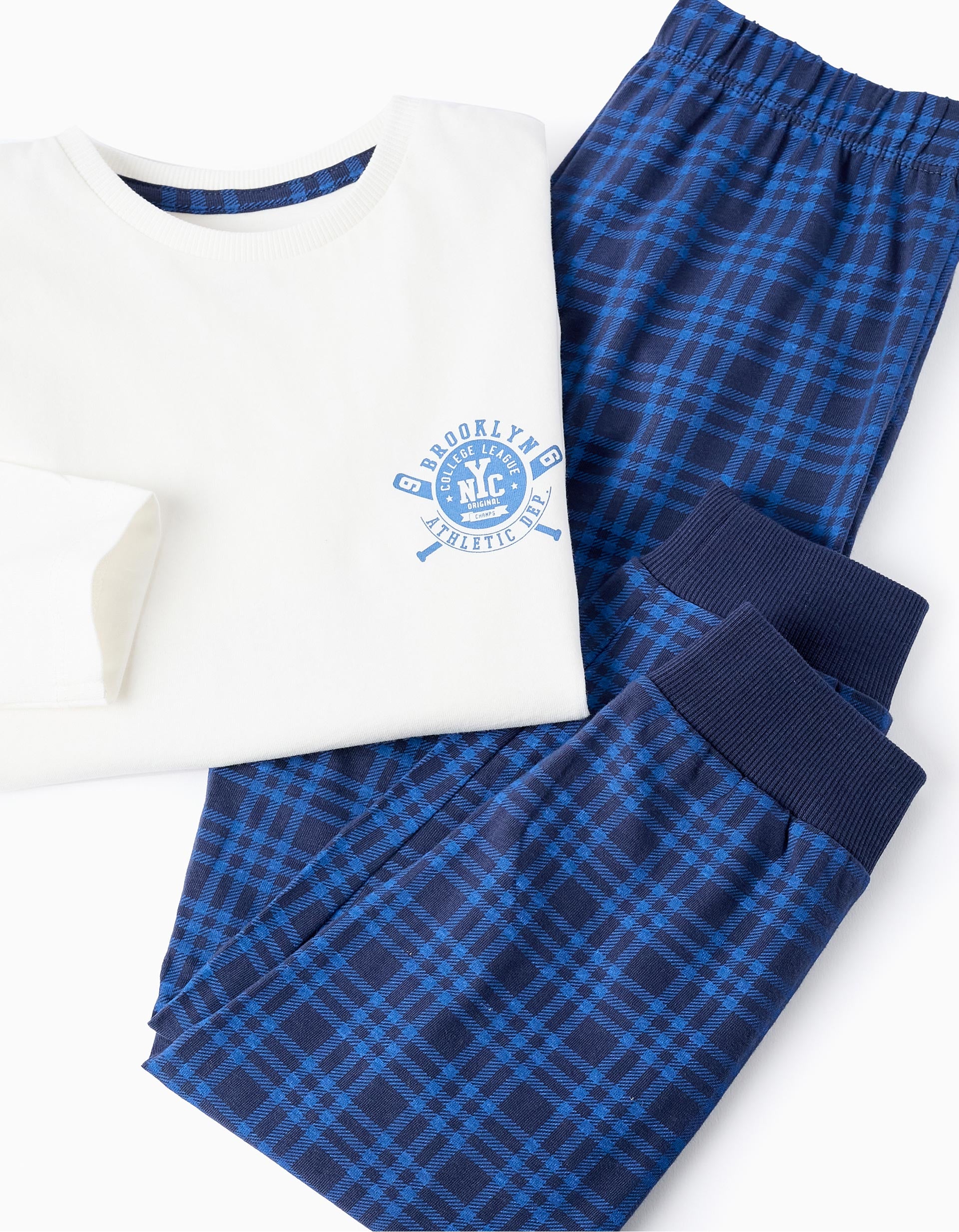 Pijama de Algodón con Motivo de Cuadros para Niño 'NYC', Blanco/Azul