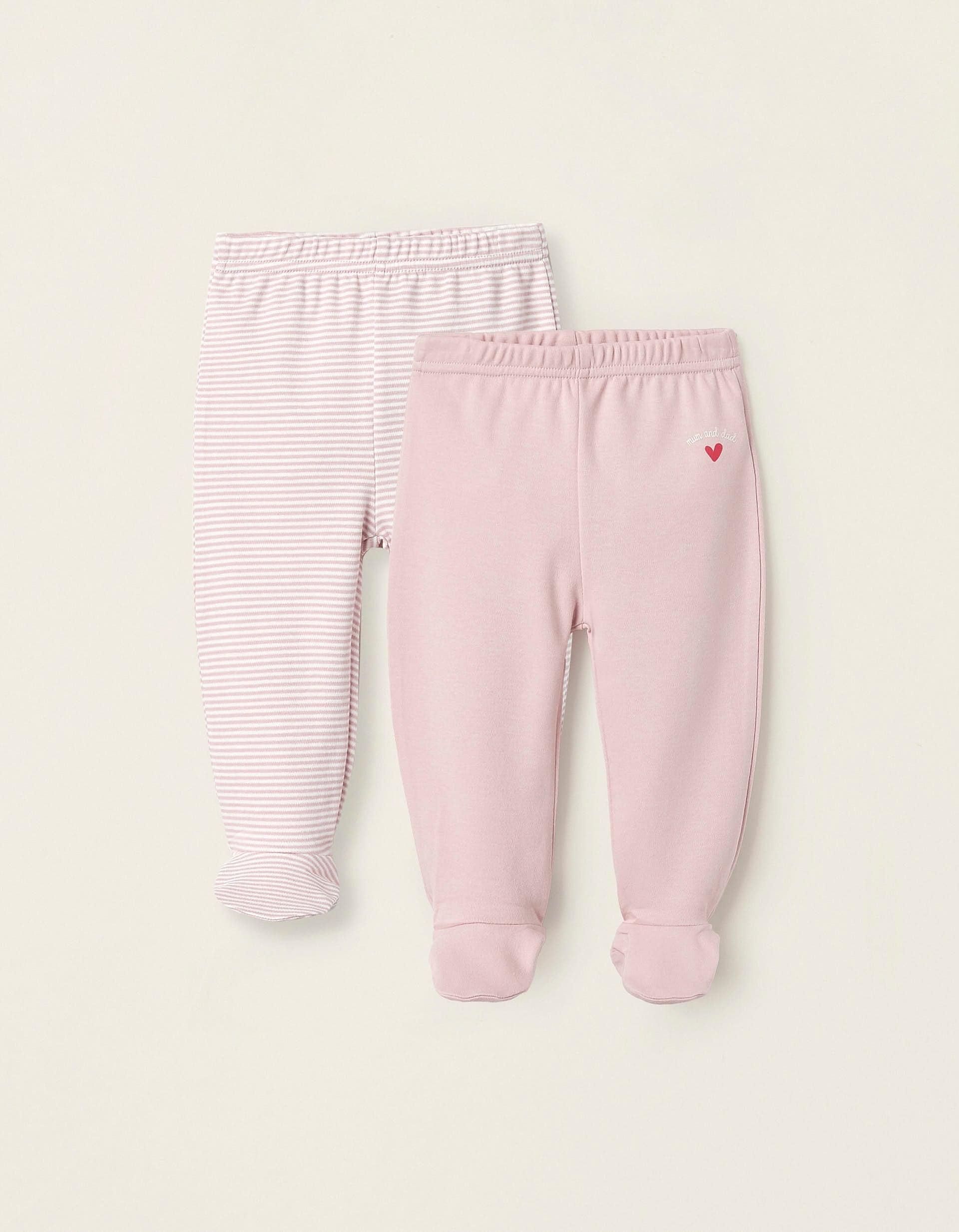 2 Pantalons à Pieds en Coton pour Bébé Fille 'Mum & Dad', Blanc/Rose