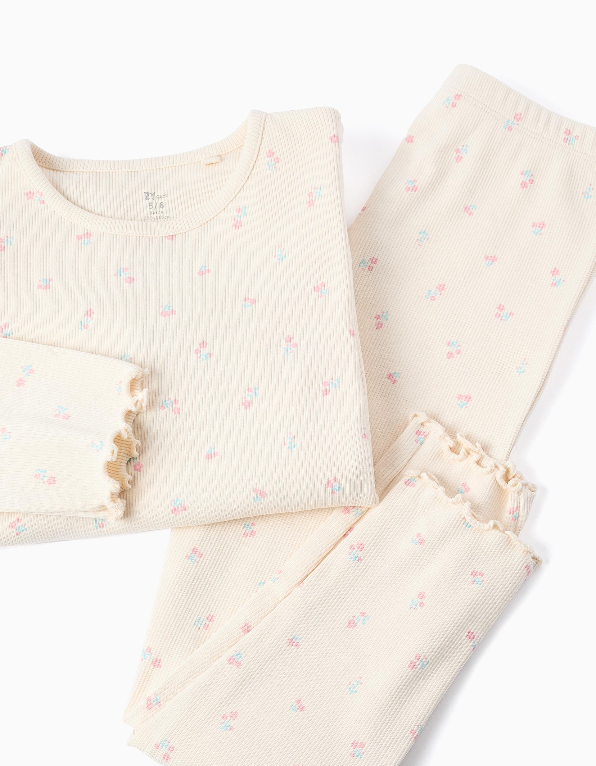 Ribbed Floral Pyjama for Girls, Beige