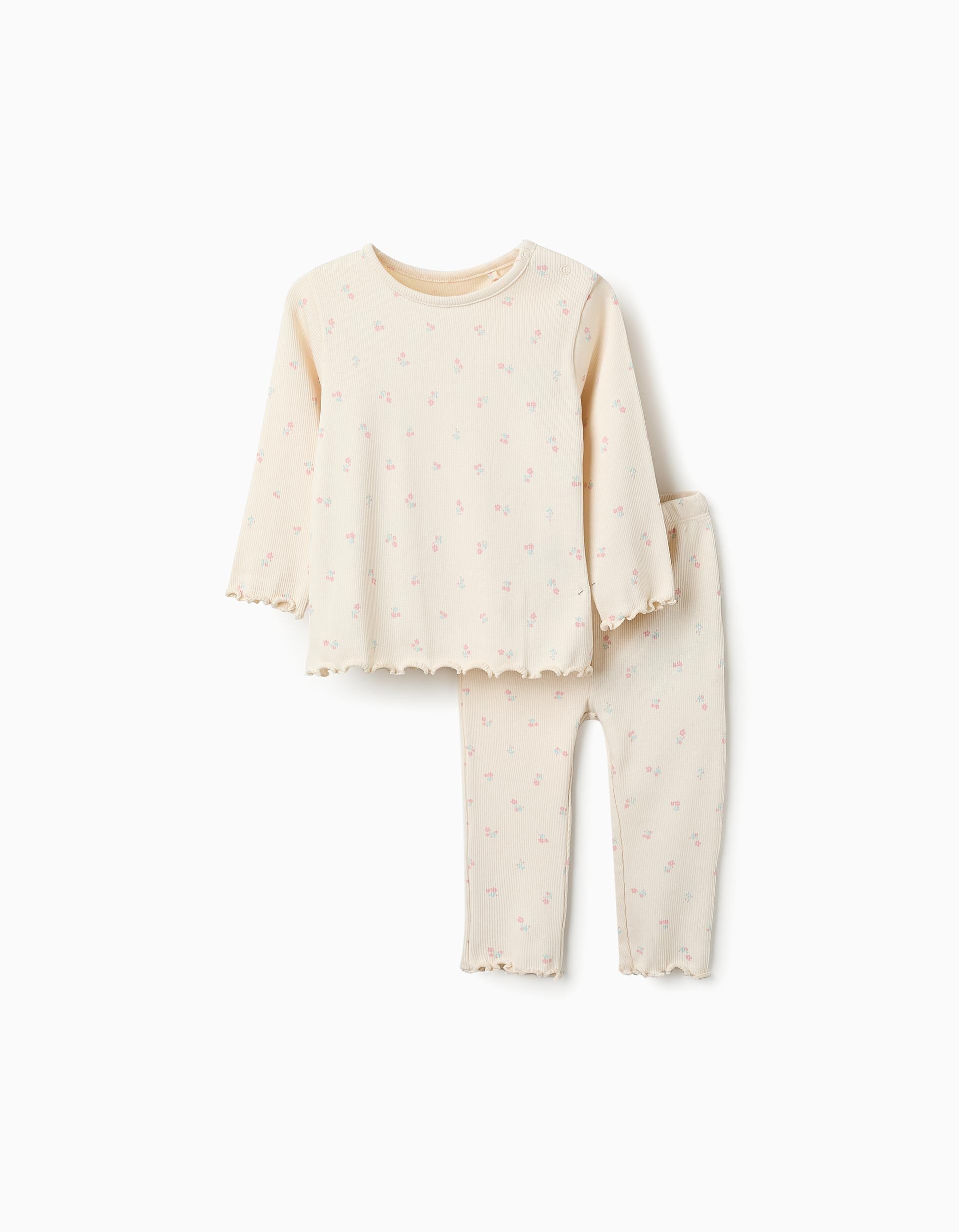 Pijama Acanalado para Bebé Niña 'Flores', Beige