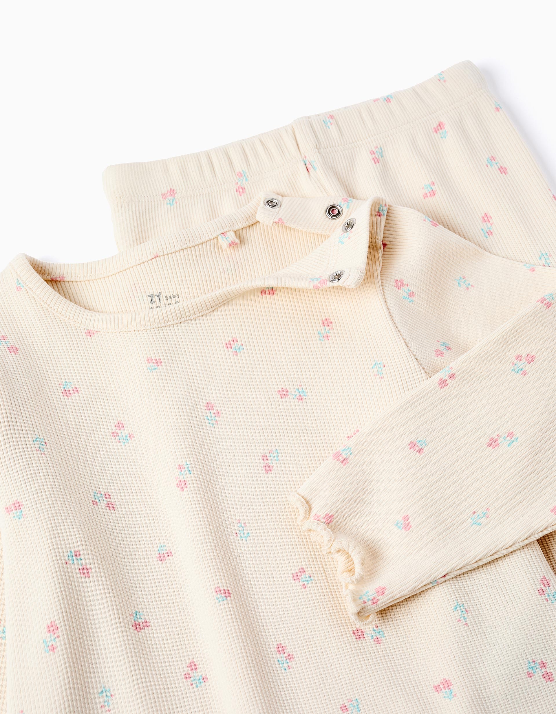 Pijama Canelado para Bebé Menina 'Flores', Bege