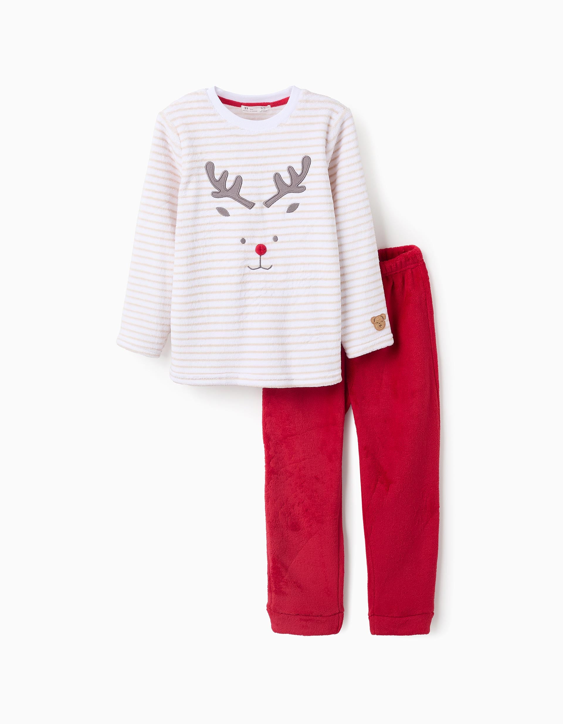 Plush Pyjama for Boys with Stripes 'Reindeer', White/Red