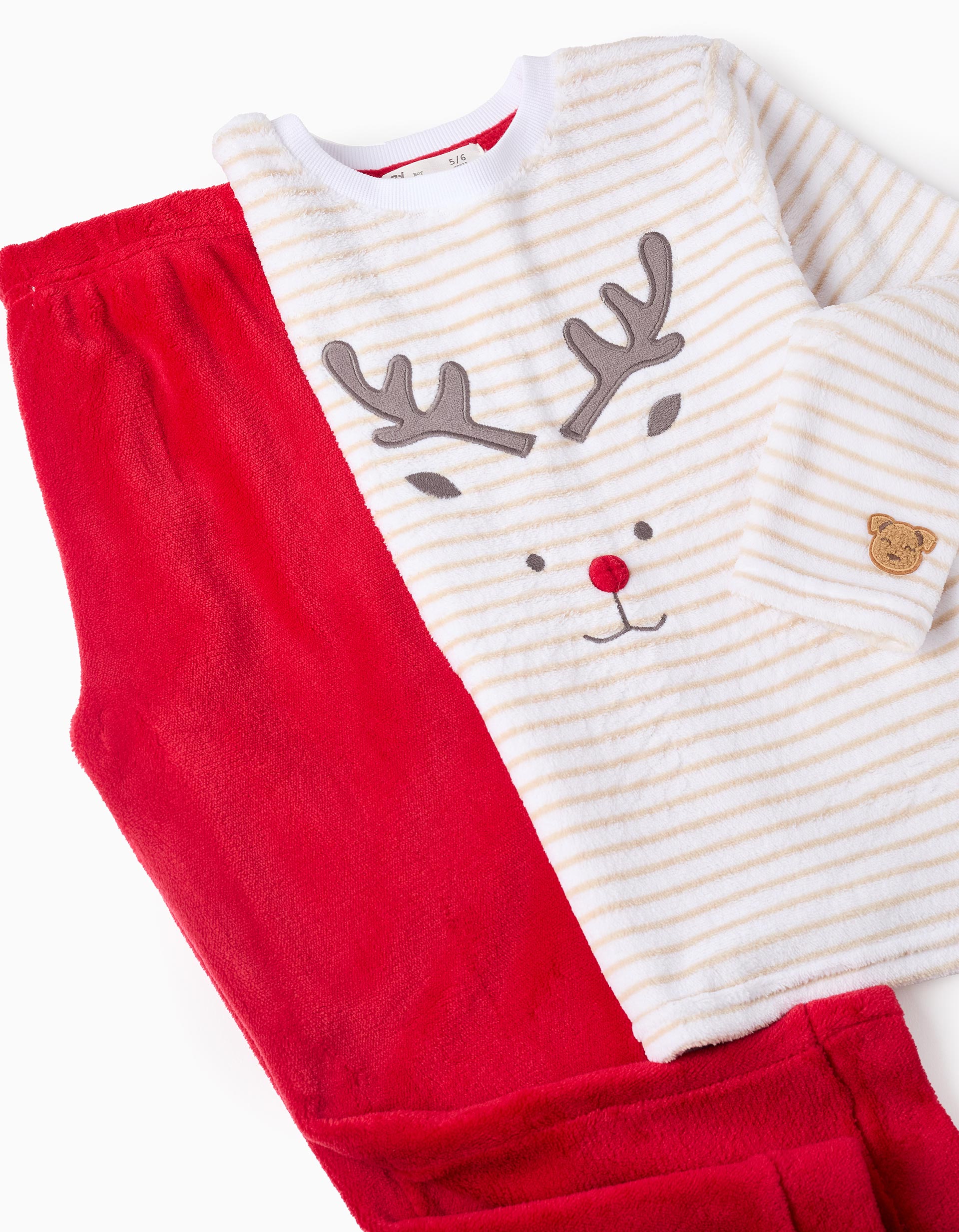 Pyjama en Peluche pour Garçon à Rayures 'Renne', Blanc/Rouge