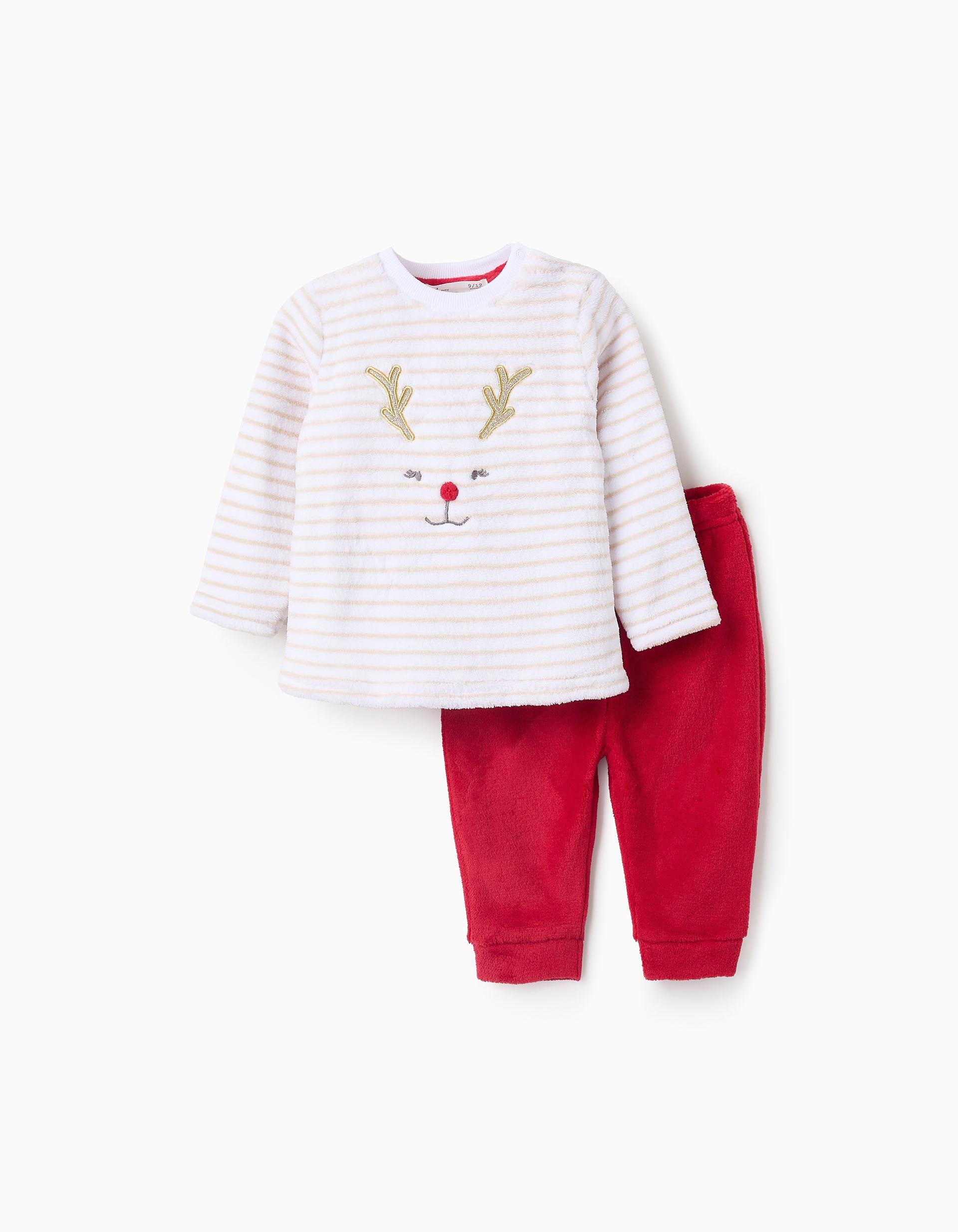 Pijama de Peluche para Bebé Menina com Riscas 'Rena', Branco/Vermelho