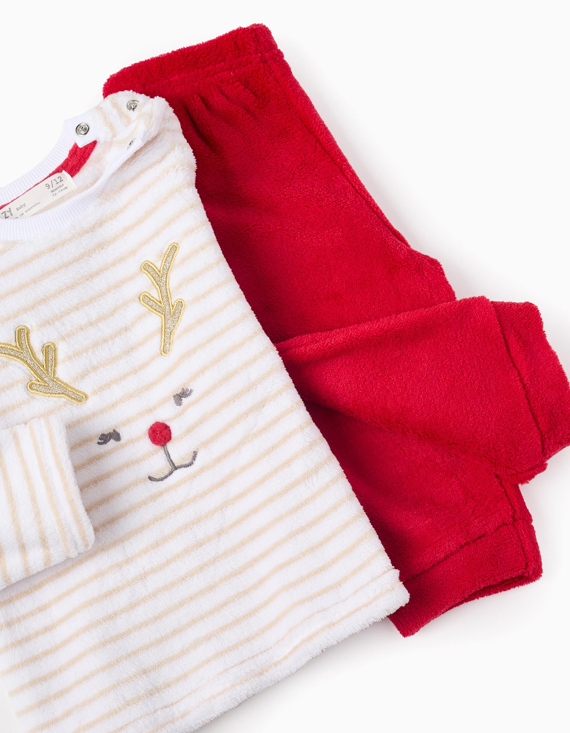 Pyjama en Peluche pour Bébé Fille à Rayures 'Renne', Blanc/Rouge