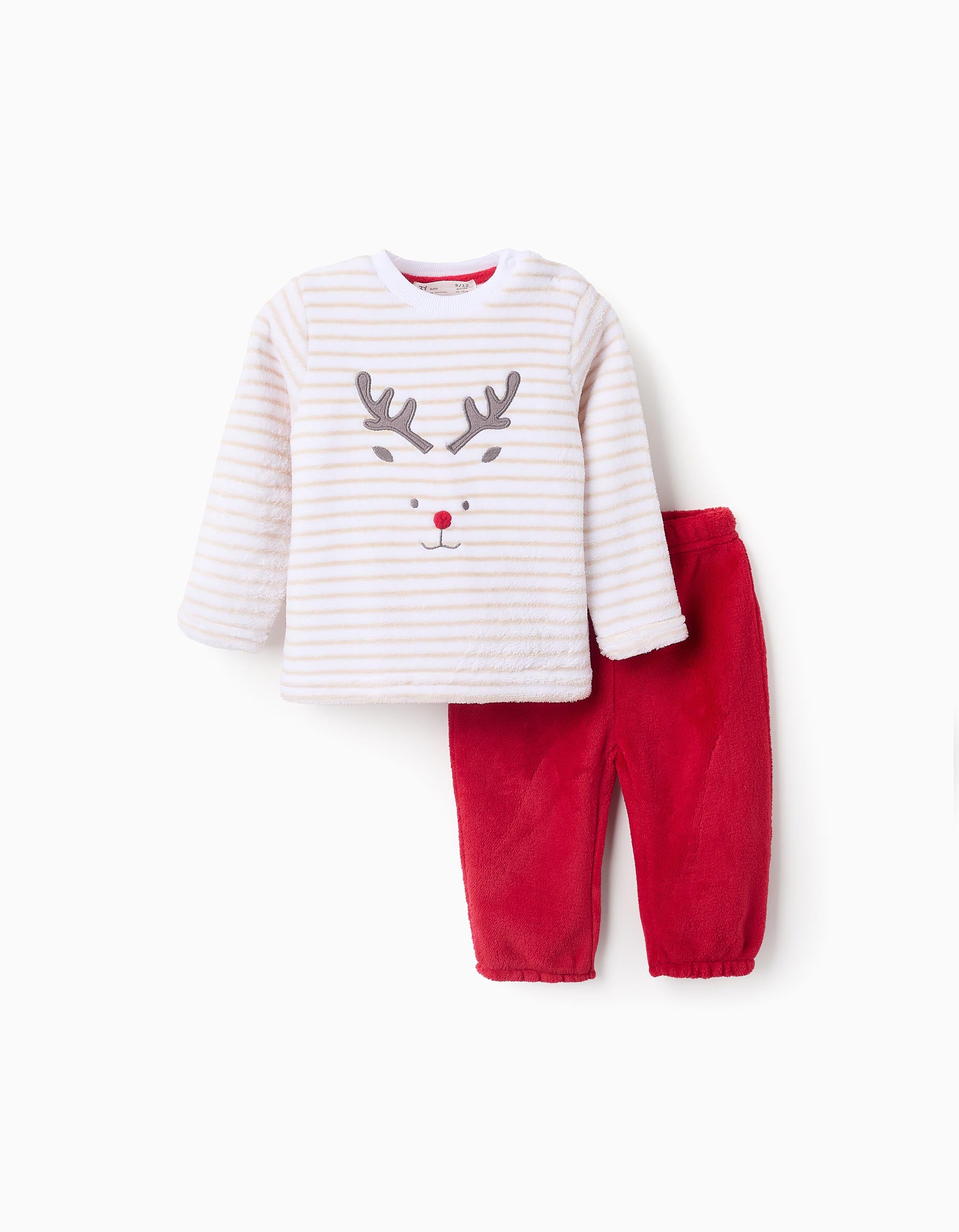 Pyjama en Peluche pour Bébé Garçon à Rayures 'Renne', Blanc/Rouge