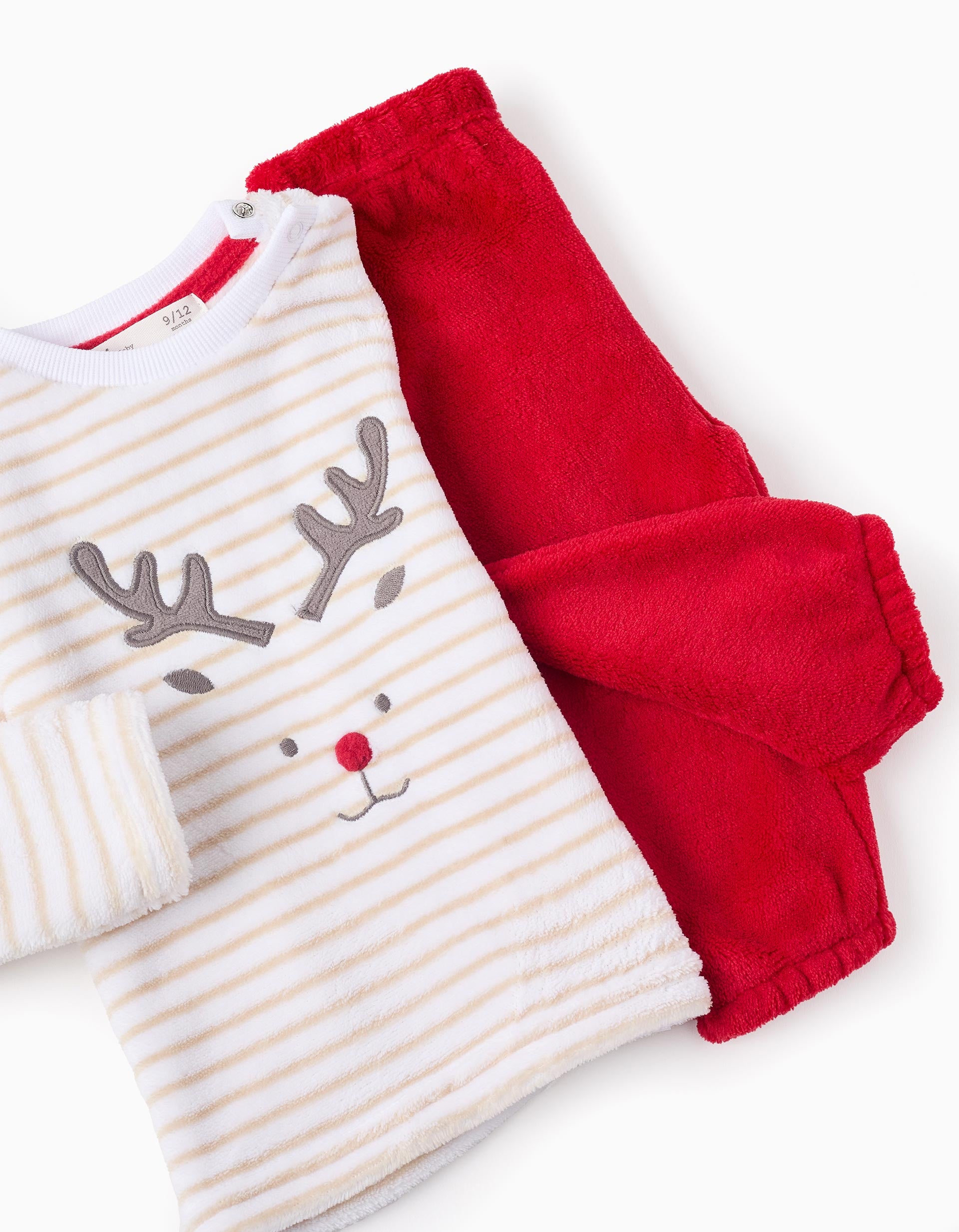 Pijama de Peluche para Bebé Menino com Riscas 'Rena', Branco/Vermelho