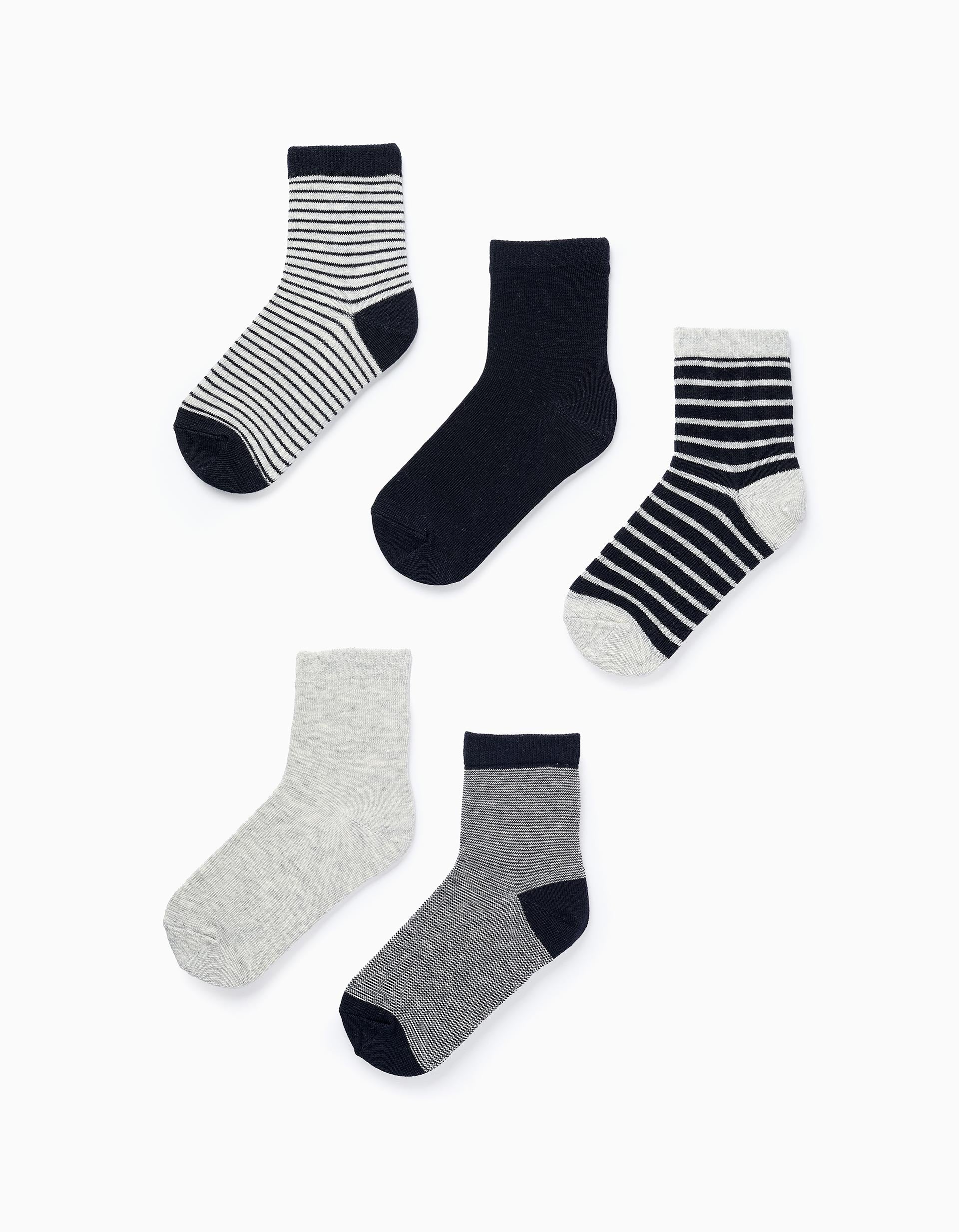 Pack 5 Paires de Chaussettes Unies/Rayées pour Garçon, Gris/Bleu Foncé