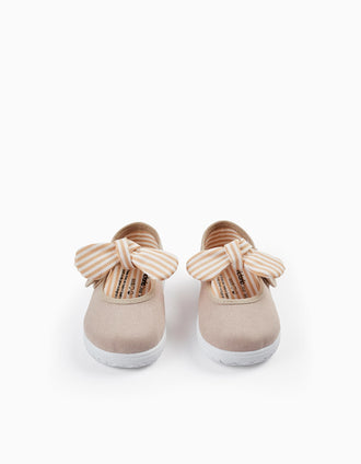Ballerines Avec Nœud À Rayures Pour Bébé Fille 'Victoria', Beige