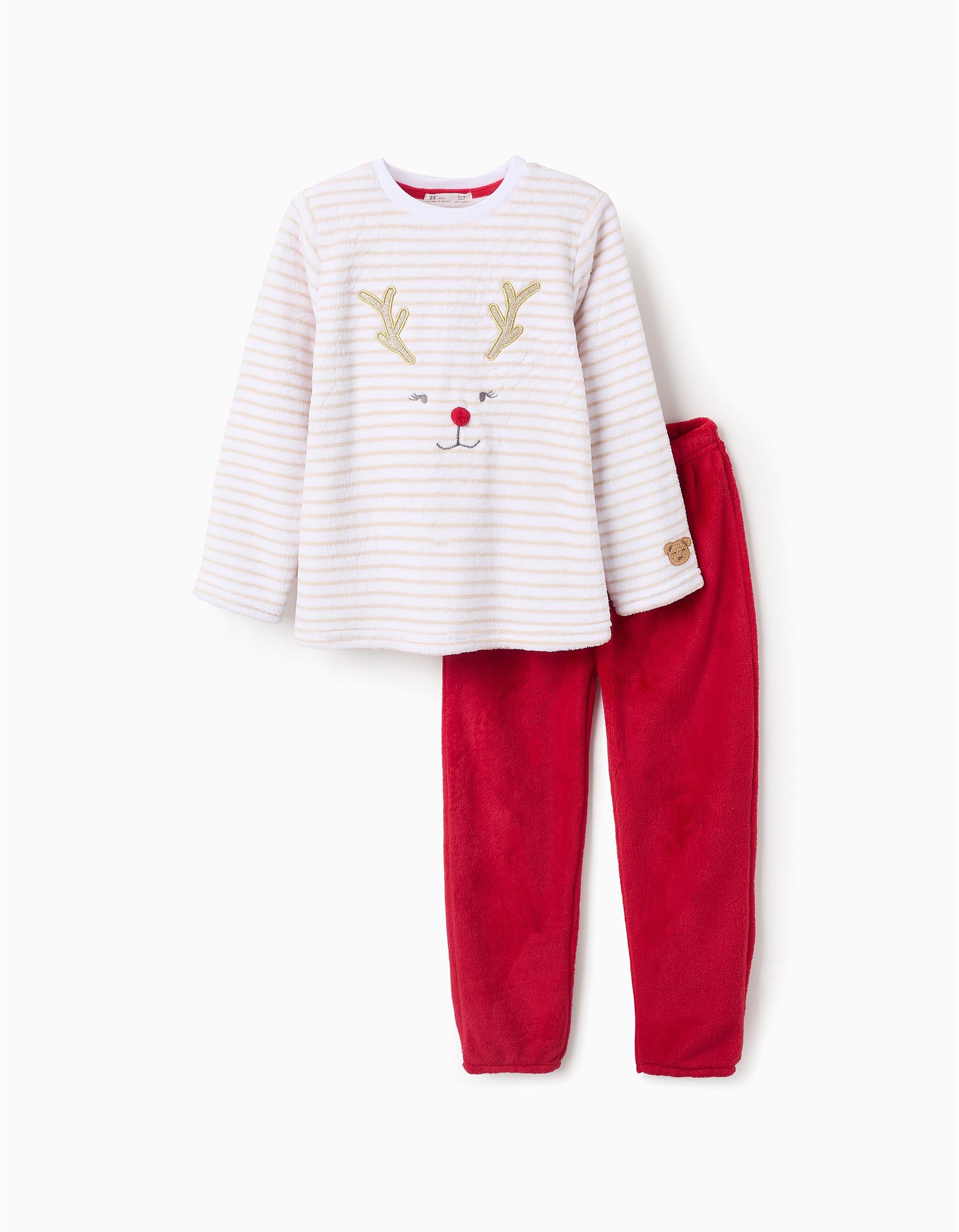 Plush Pyjama for Girls with Stripes 'Reindeer', White/Red