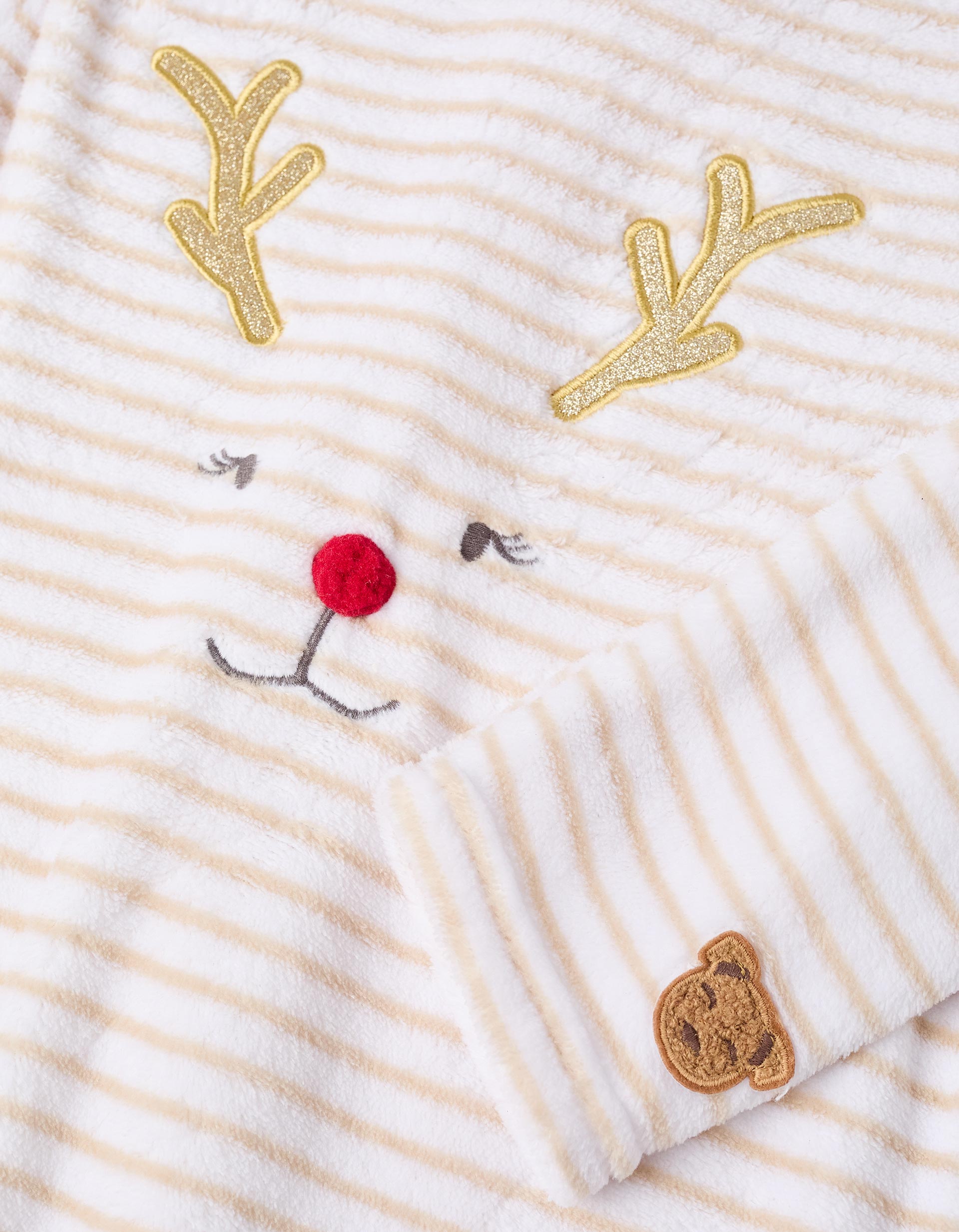 Plush Pyjama for Girls with Stripes 'Reindeer', White/Red