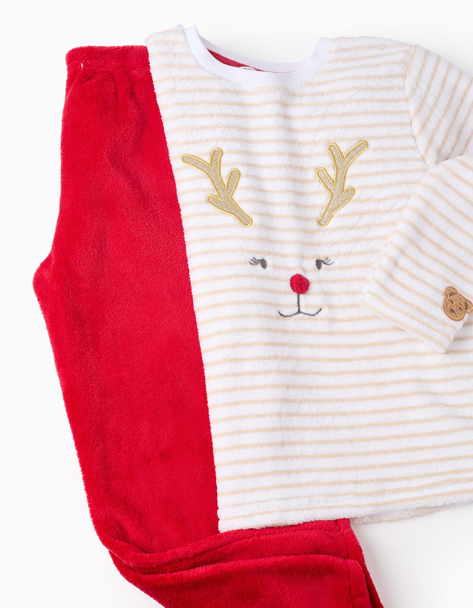 Pyjama en Peluche pour Fille à Rayures 'Renne', Blanc/Rouge