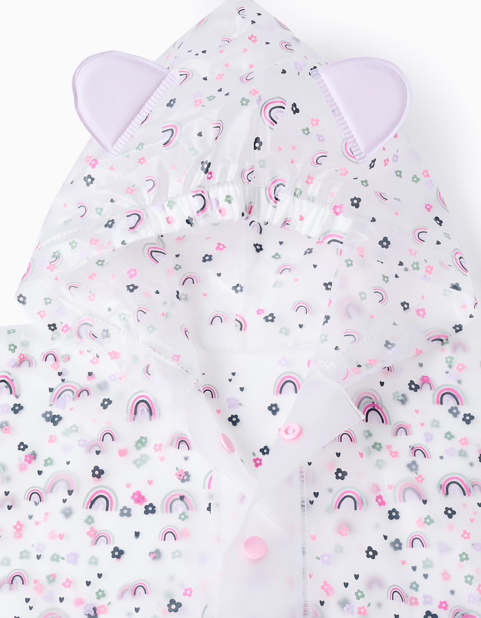 Capa de Chuva Poncho para Bebé Menina 'Flores & Arco-íris', Transparente