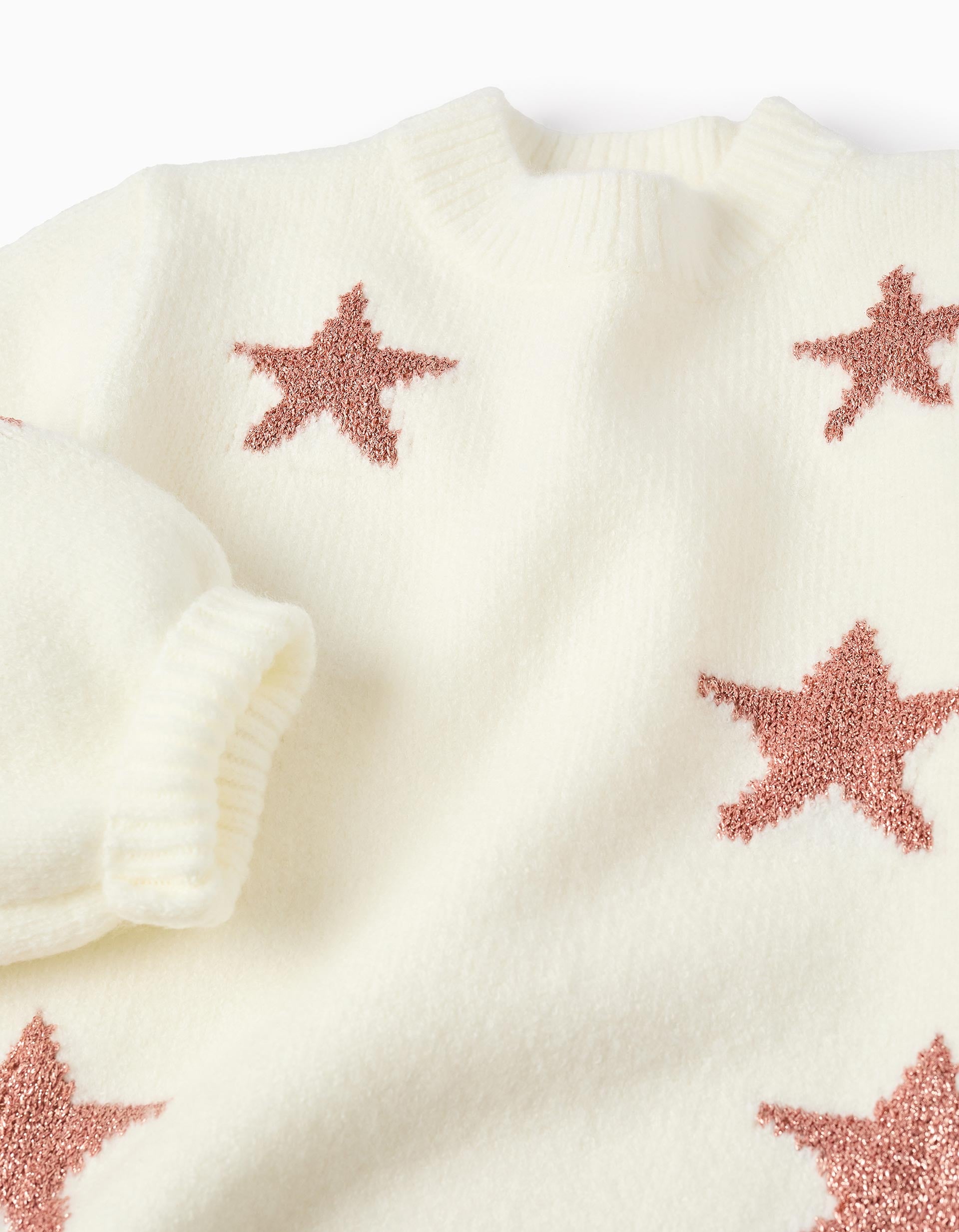 Knitted Jumper With Lurex Stars For Girls, White/Pink Gold