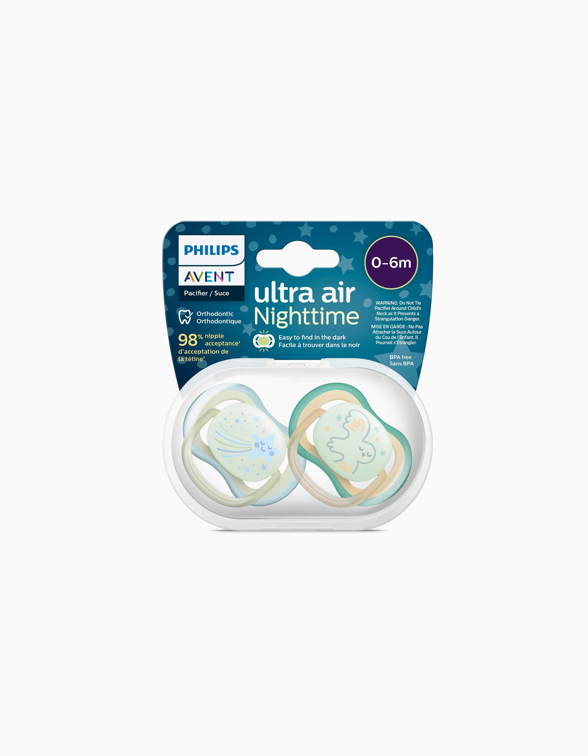 2 Chupetas Philips/Avent Ultra Air Silicone Brilha No Escuro 0-6M, Star