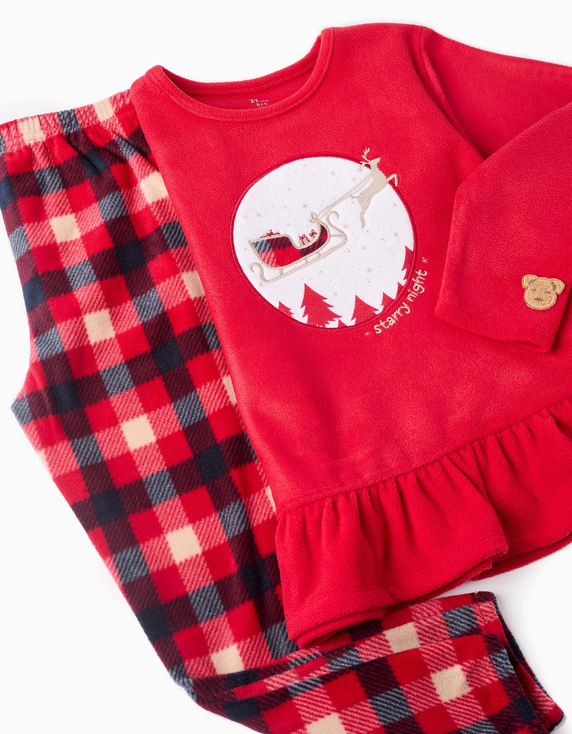 Pijama Polar para Menina com Xadrez 'Trenó', Vermelho