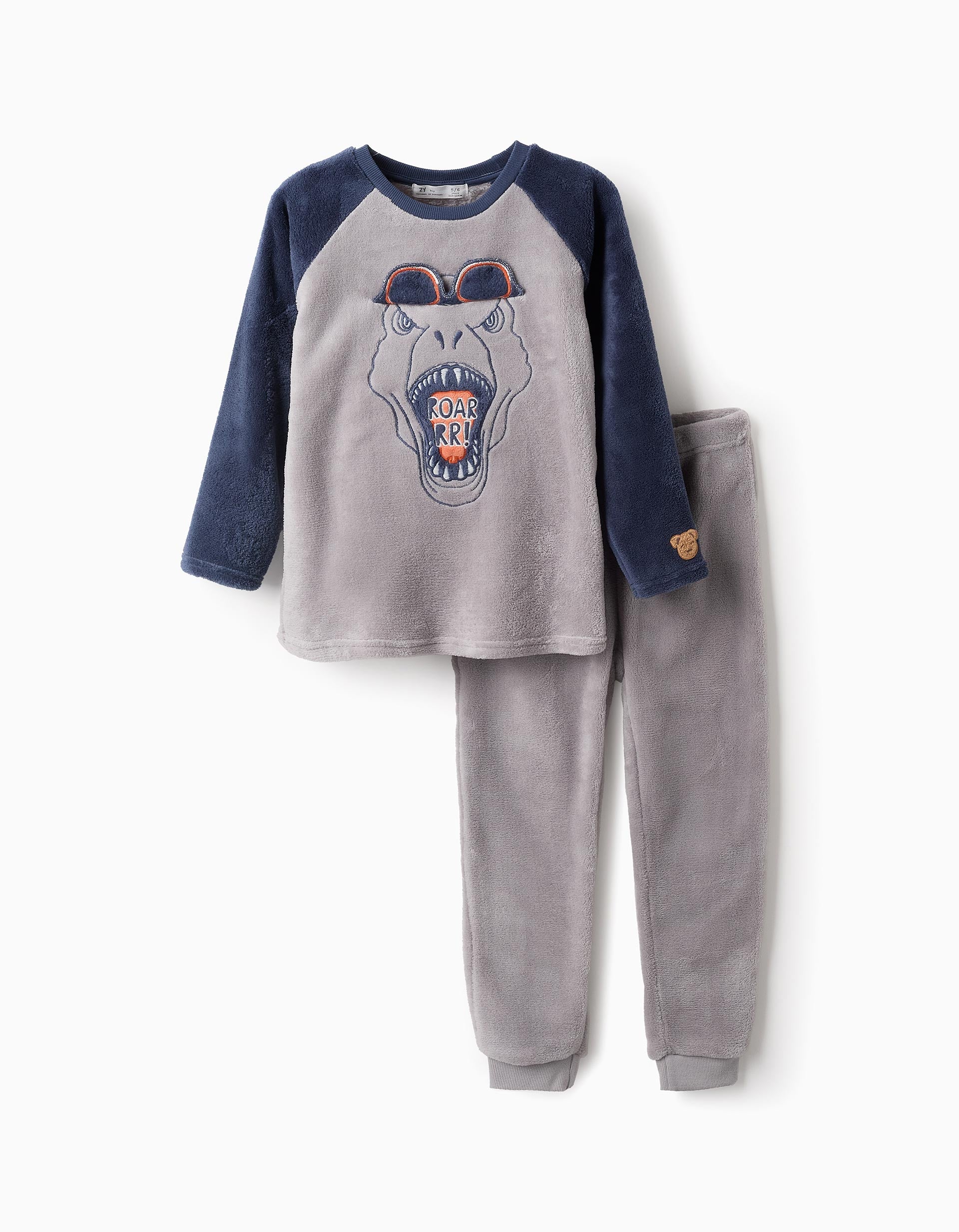 Pyjama En Velours Pour Garçon 'Dinosaure', Gris/Bleu