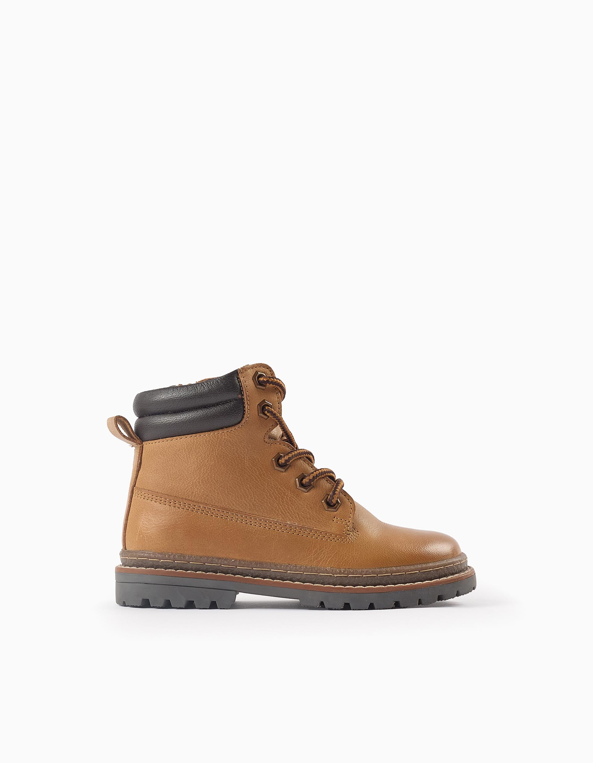 Botas de Piel con Cordones y Cremallera para Niño, Beige Oscuro