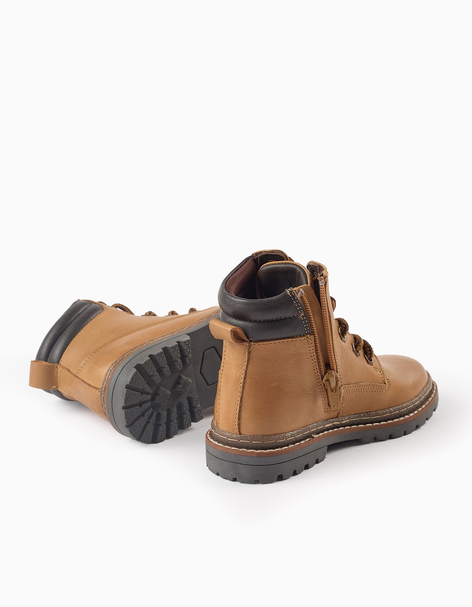 Botas de Piel con Cordones y Cremallera para Niño, Beige Oscuro