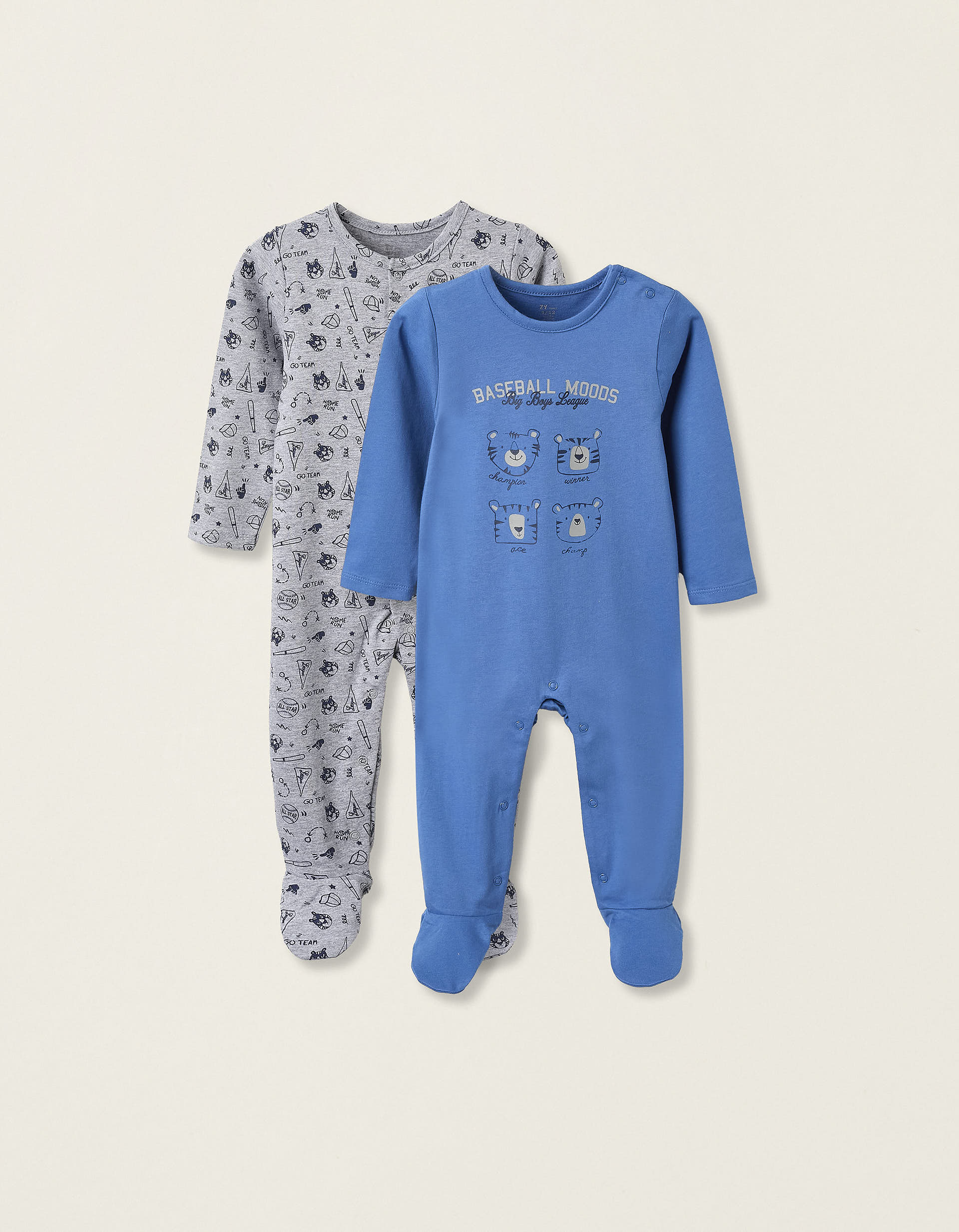 2 Grenouillères en Coton pour Bébé Garçon 'Tigre', Gris/Bleu