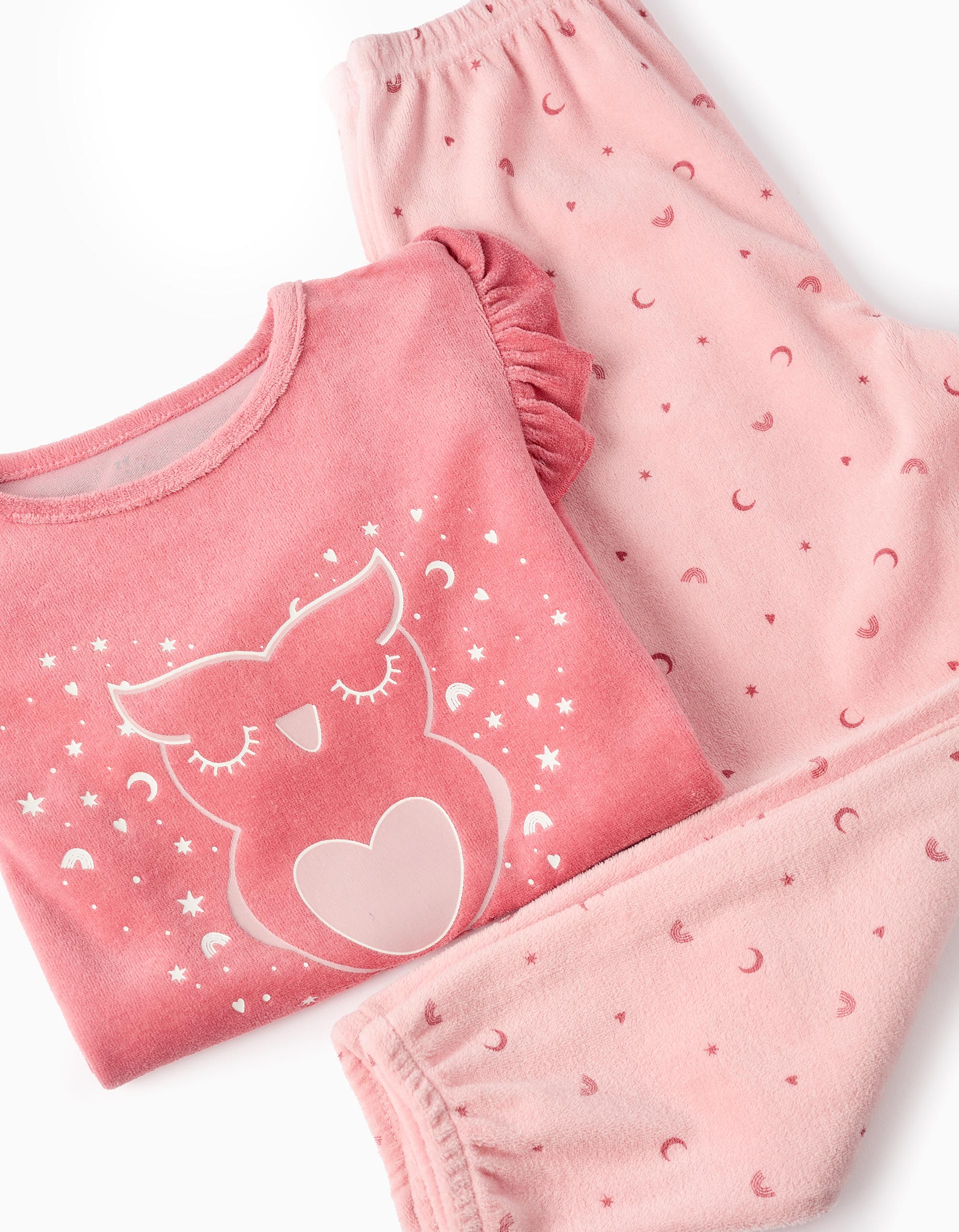 Pijama de Terciopelo Brilla en la Oscuridad para Niña 'Búho', Rosa