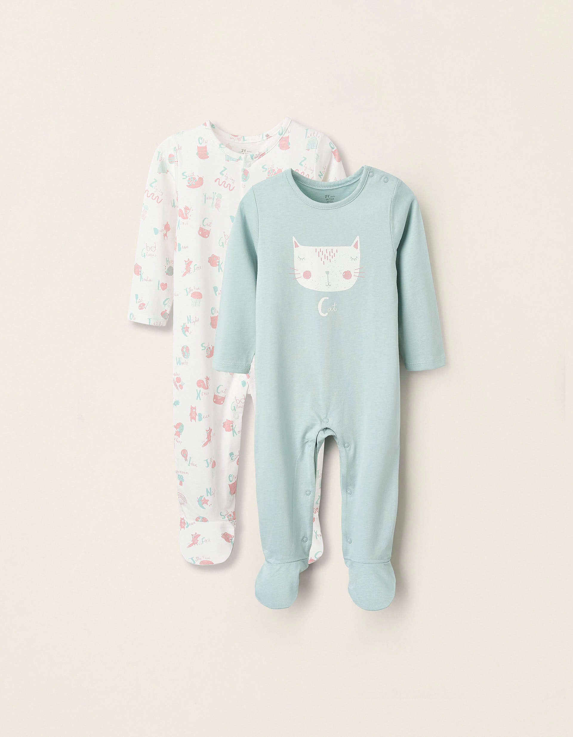 2 Cotton Sleepsuits for Baby Girls 'Cat', Green/White