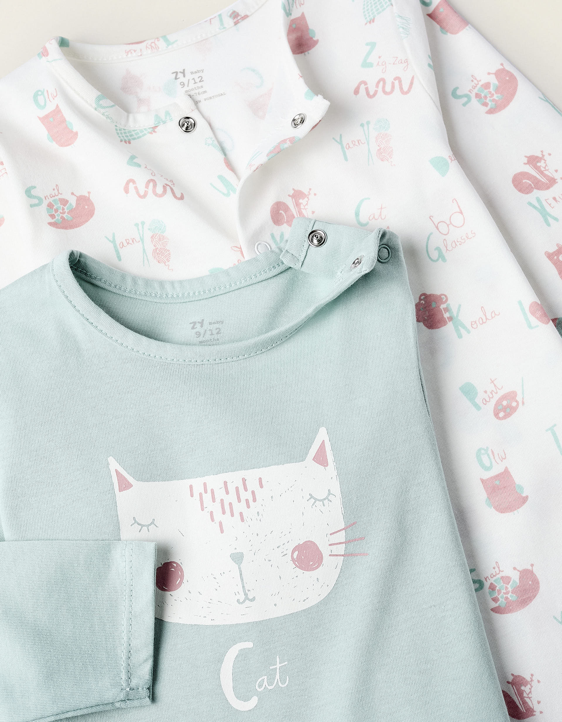 2 Grenouillères en Coton pour Bébé Fille 'Chat', Vert/Blanc