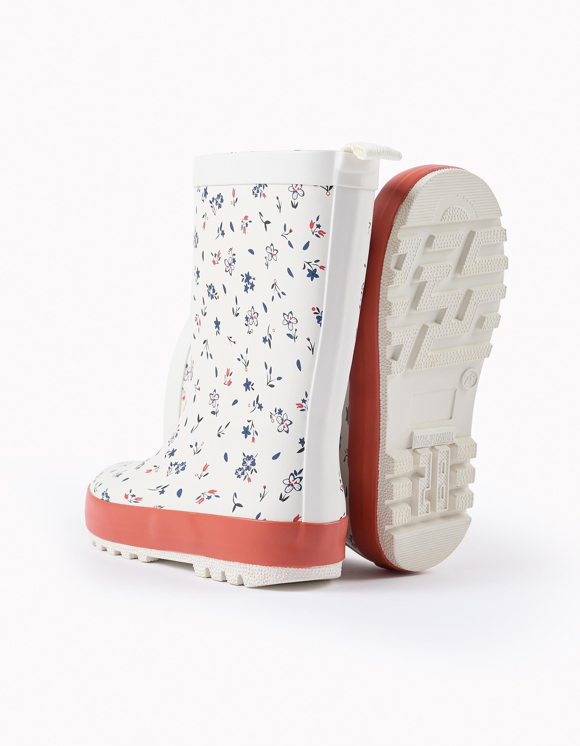 Floral Wellies for Girls, White/Orange