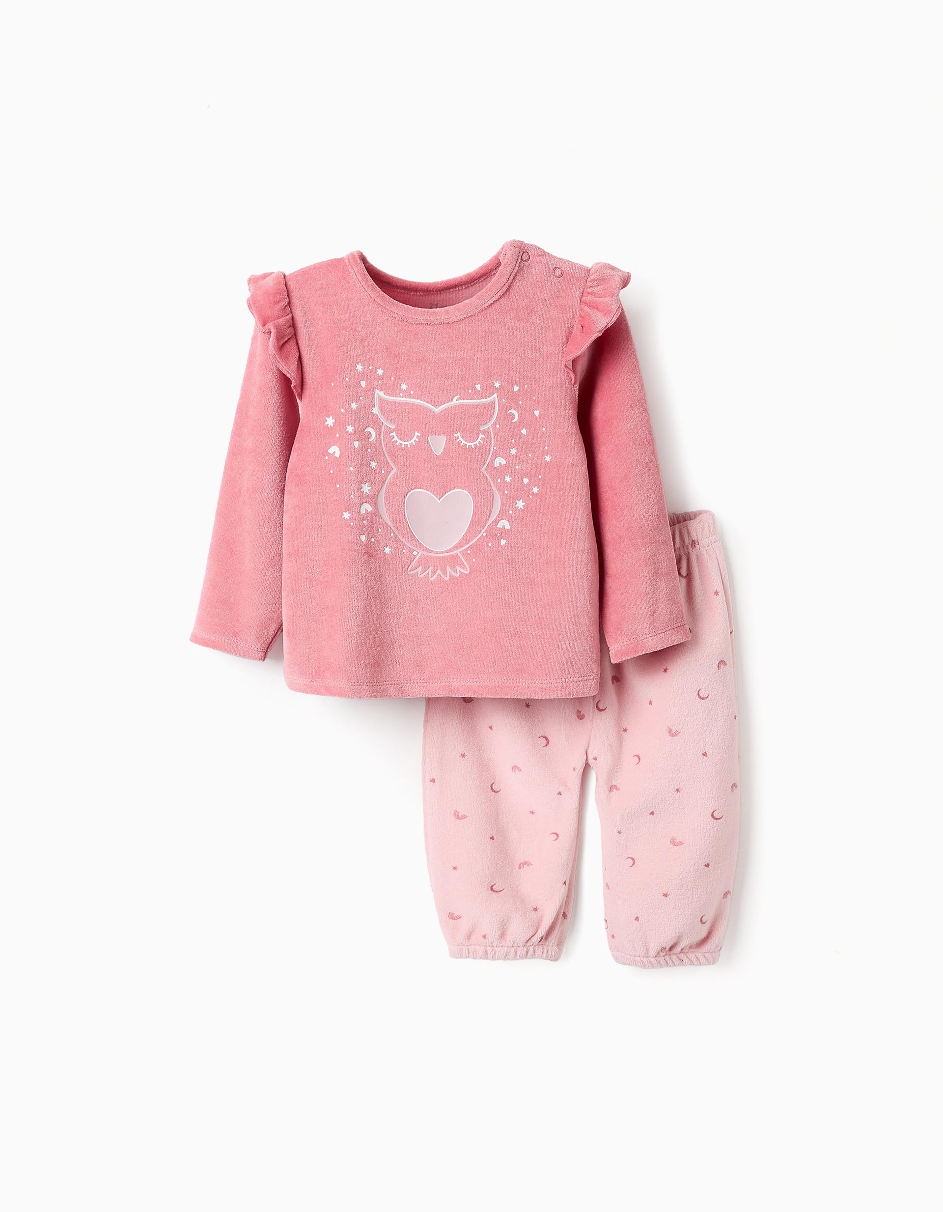 Pijama de Terciopelo Brilla en la Oscuridad para Bebé Niña 'Búho', Rosa