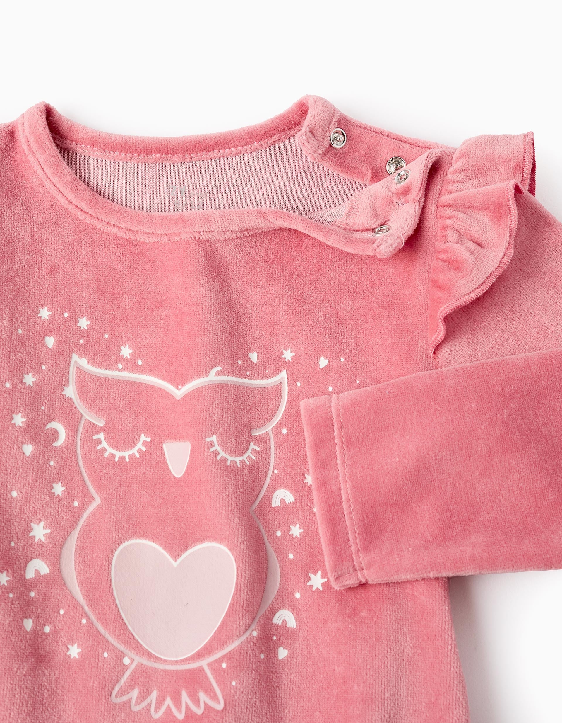 Pijama de Terciopelo Brilla en la Oscuridad para Bebé Niña 'Búho', Rosa