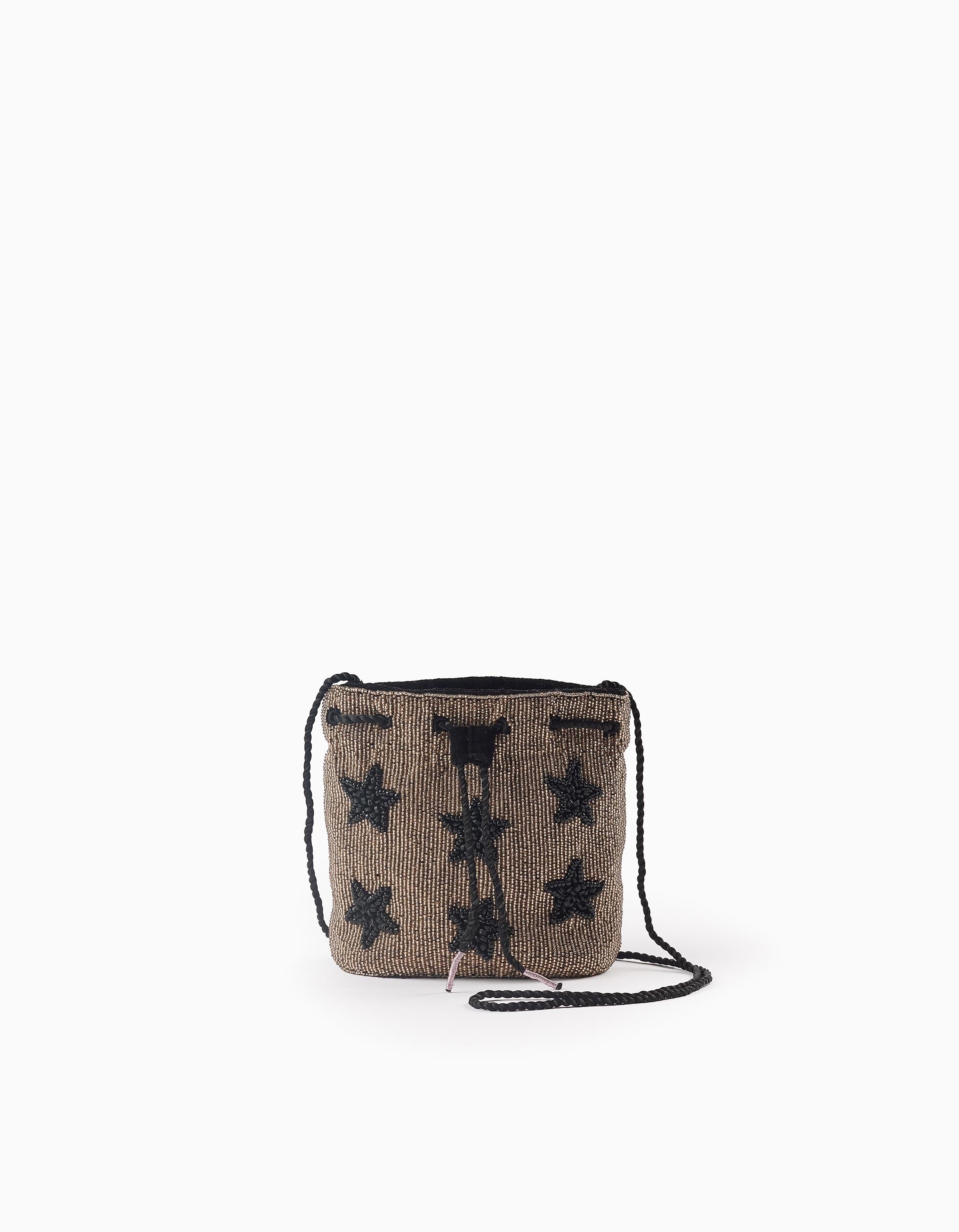 Sac Bandoulière en Velours et avec Perles pour Fille, Noir/Doré