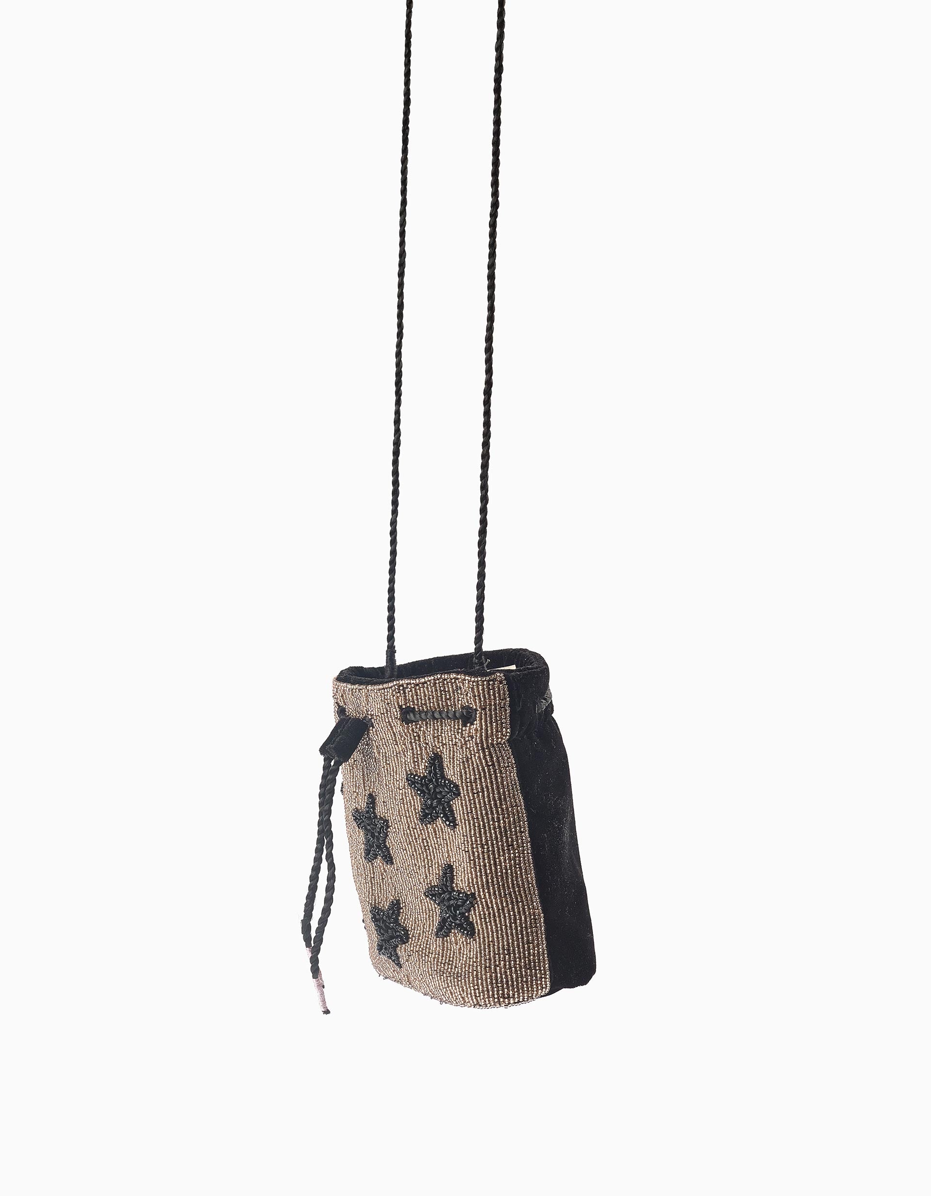 Velvet Crossbody Bag with Beads for Girls, Black/Gold