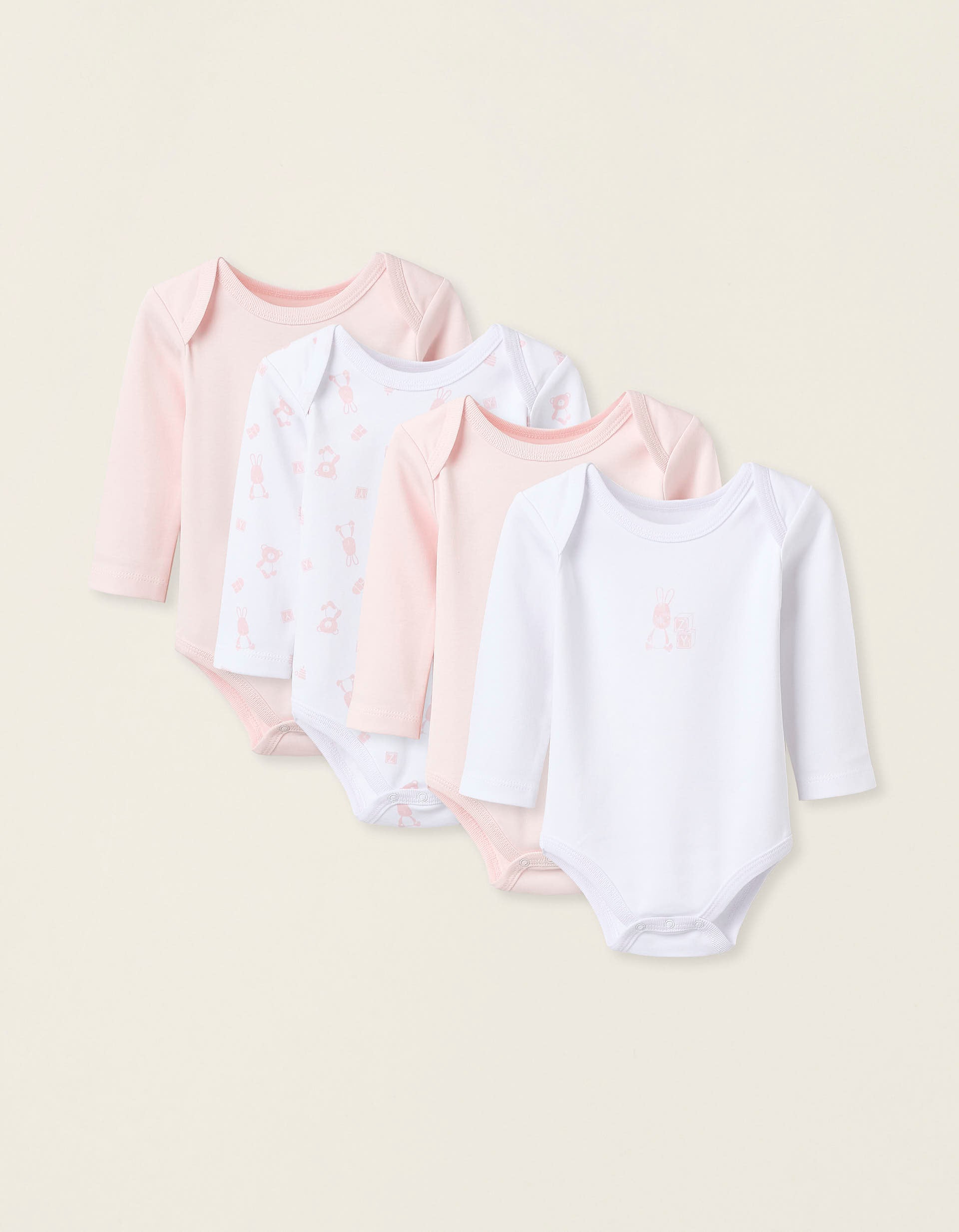 Pack 4 Bodies à Manches Longues pour Bébé Fille 'Bunny', Blanc/Rose