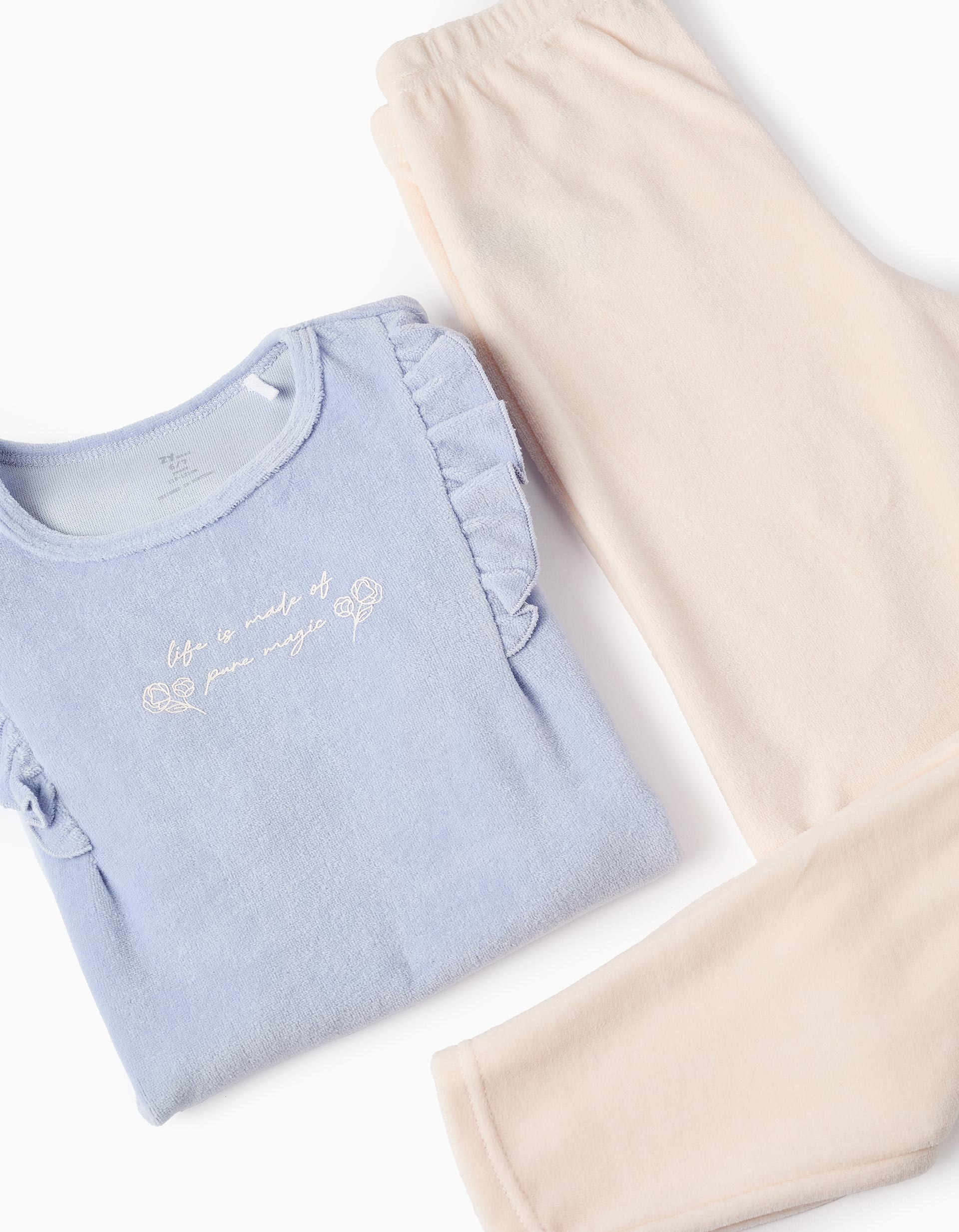 Pyjama en Velours Imprimé avec Volants pour Fille 'Magic', Bleu/Beige