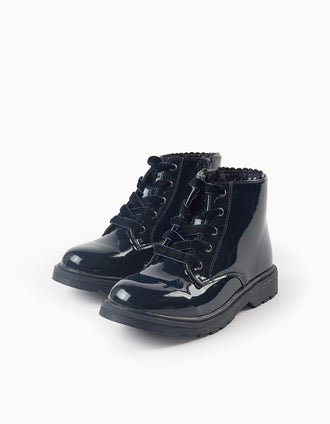 Botas de Verniz com Cordões de Veludo para Menina, Azul Escuro
